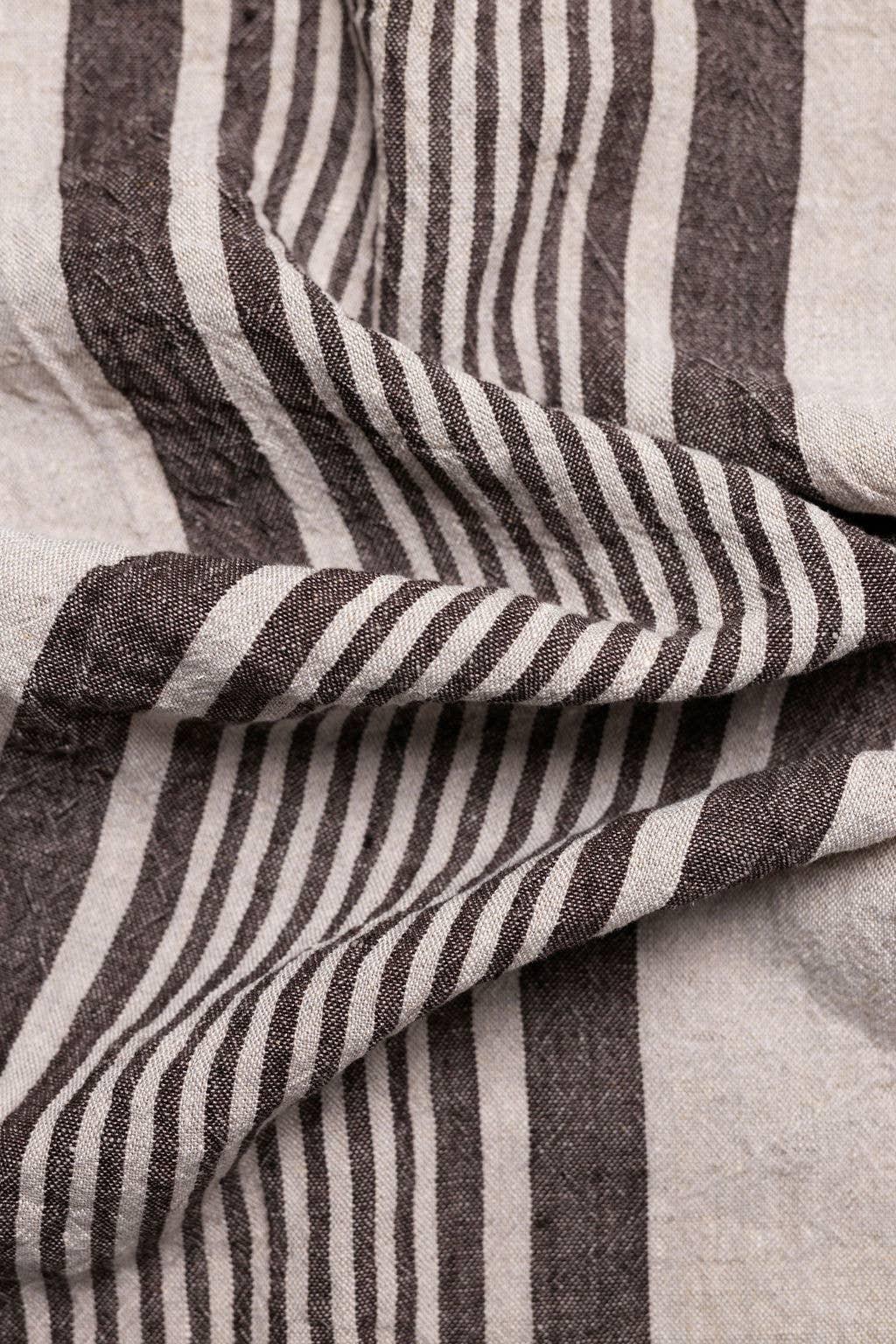 Linen Tales striped linen fabric, beige and brown, premium quality textile close-up