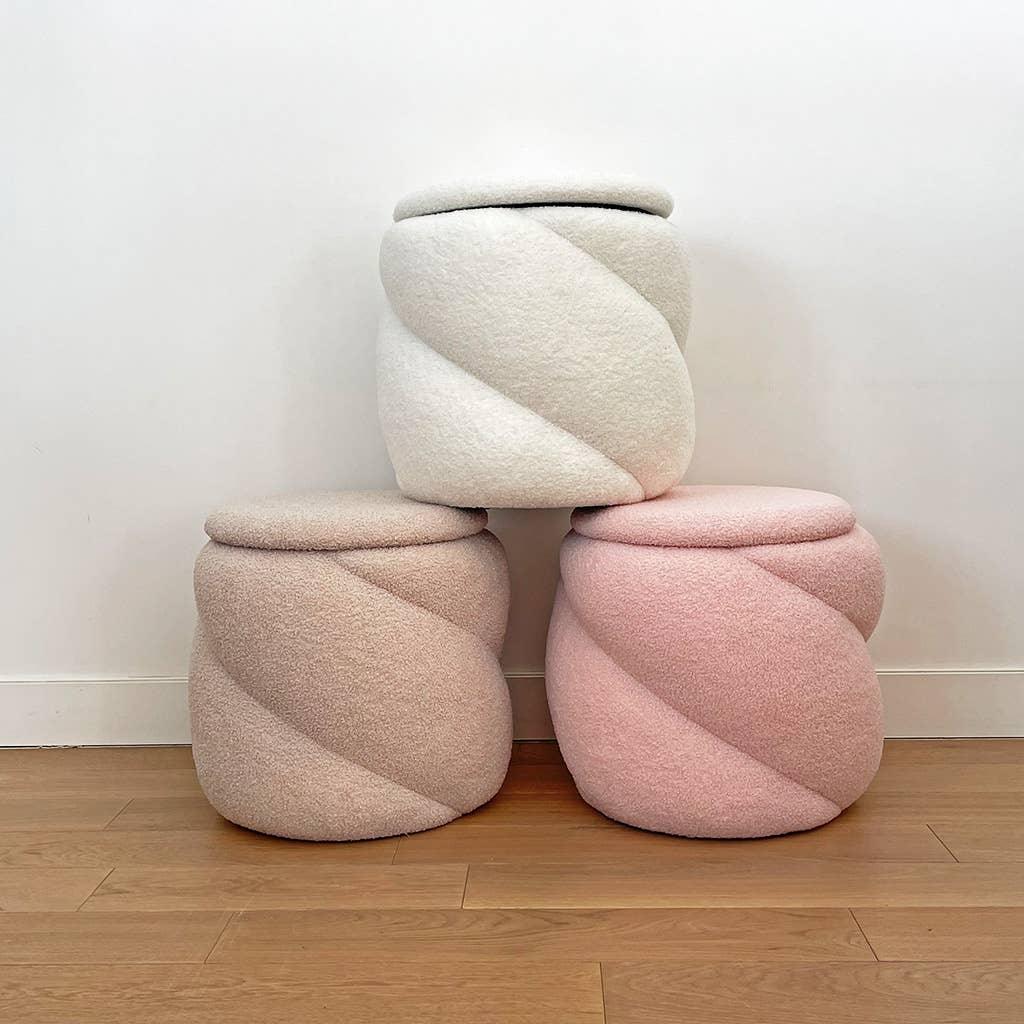 Furlings boucle ottomans in white, beige and pink, premium textured upholstery stools