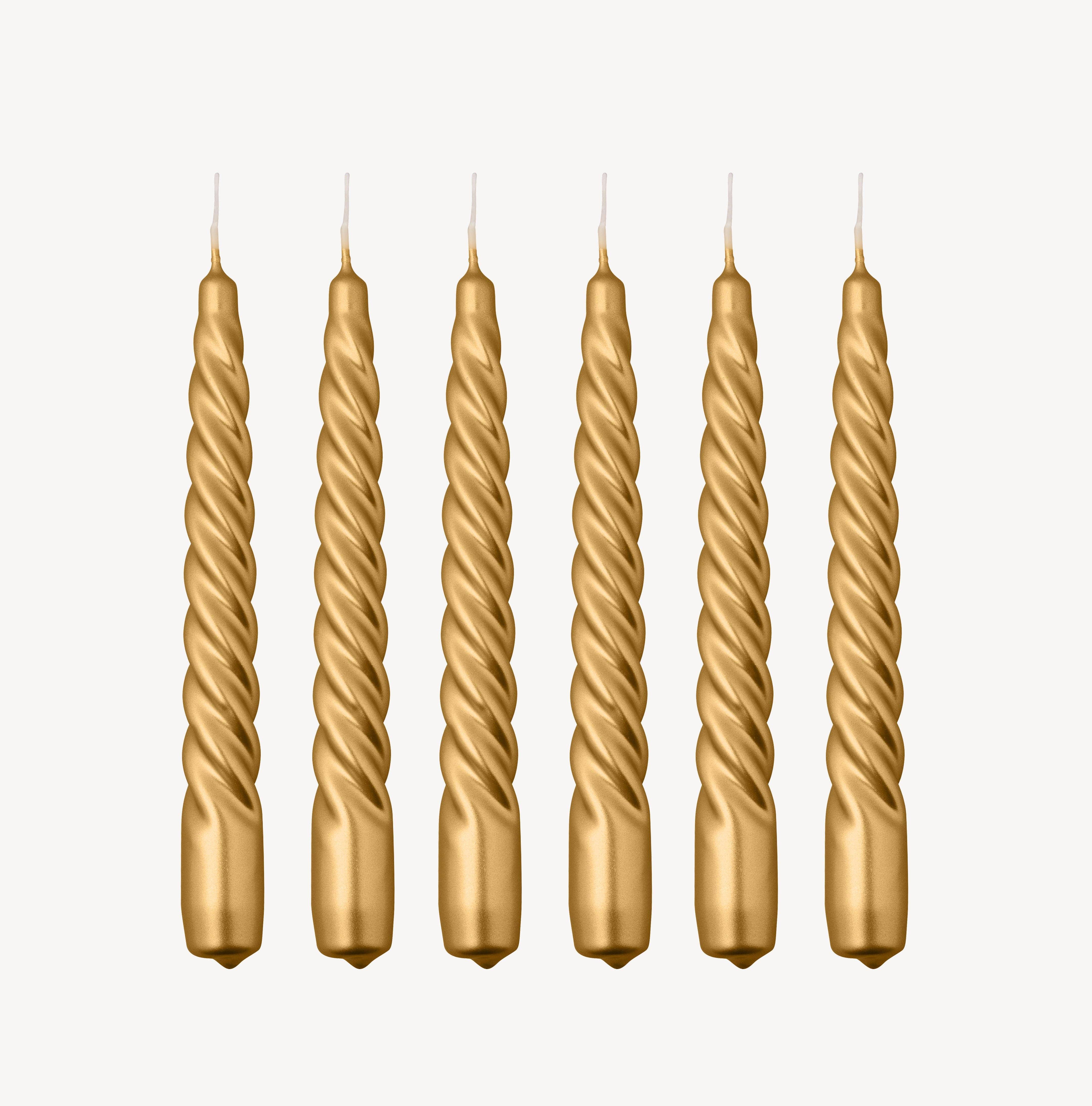 Northern Lights gold twisted taper candles set, premium wax, elegant metallic finish