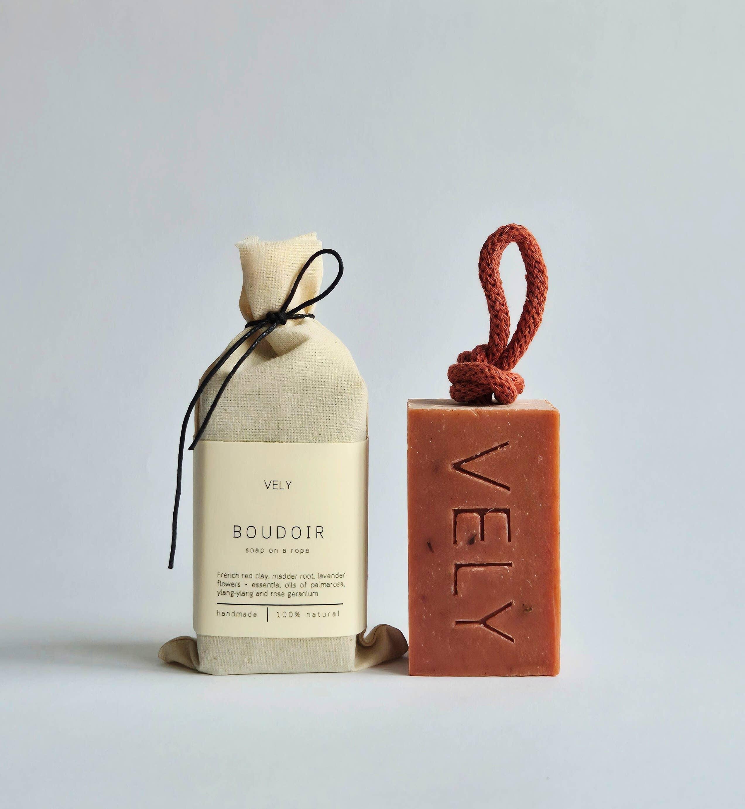 VELY Boudoir handmade red clay soap on rope with cotton pouch, premium natural skincare