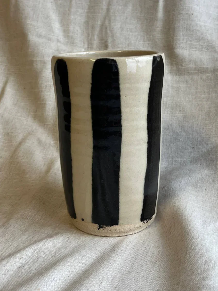 Yumiko Iihoshi ceramic tumbler, hand-painted black and white striped stoneware cup