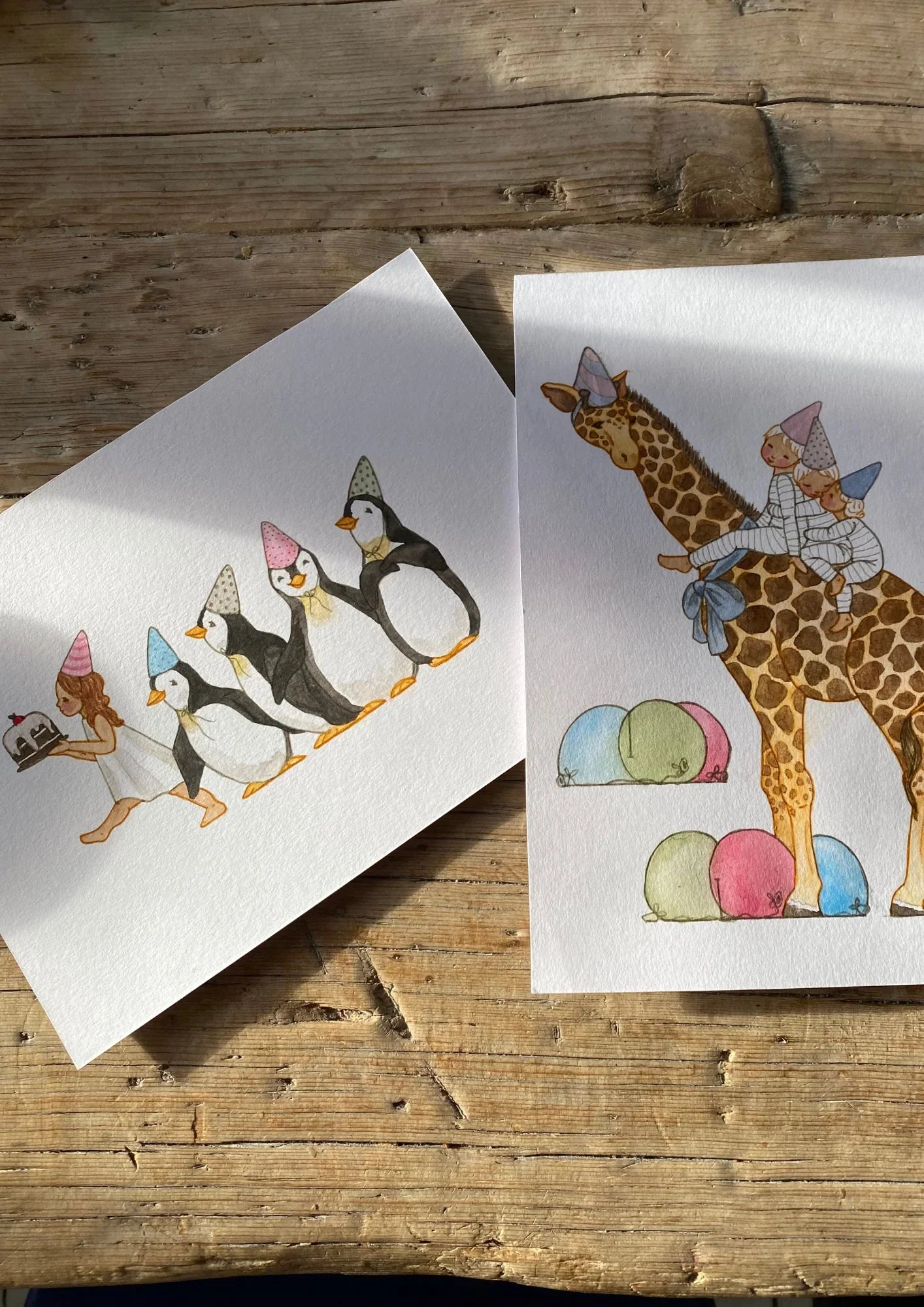 Mrs Mighetto watercolor art prints with animals, children, party hats, on white paper