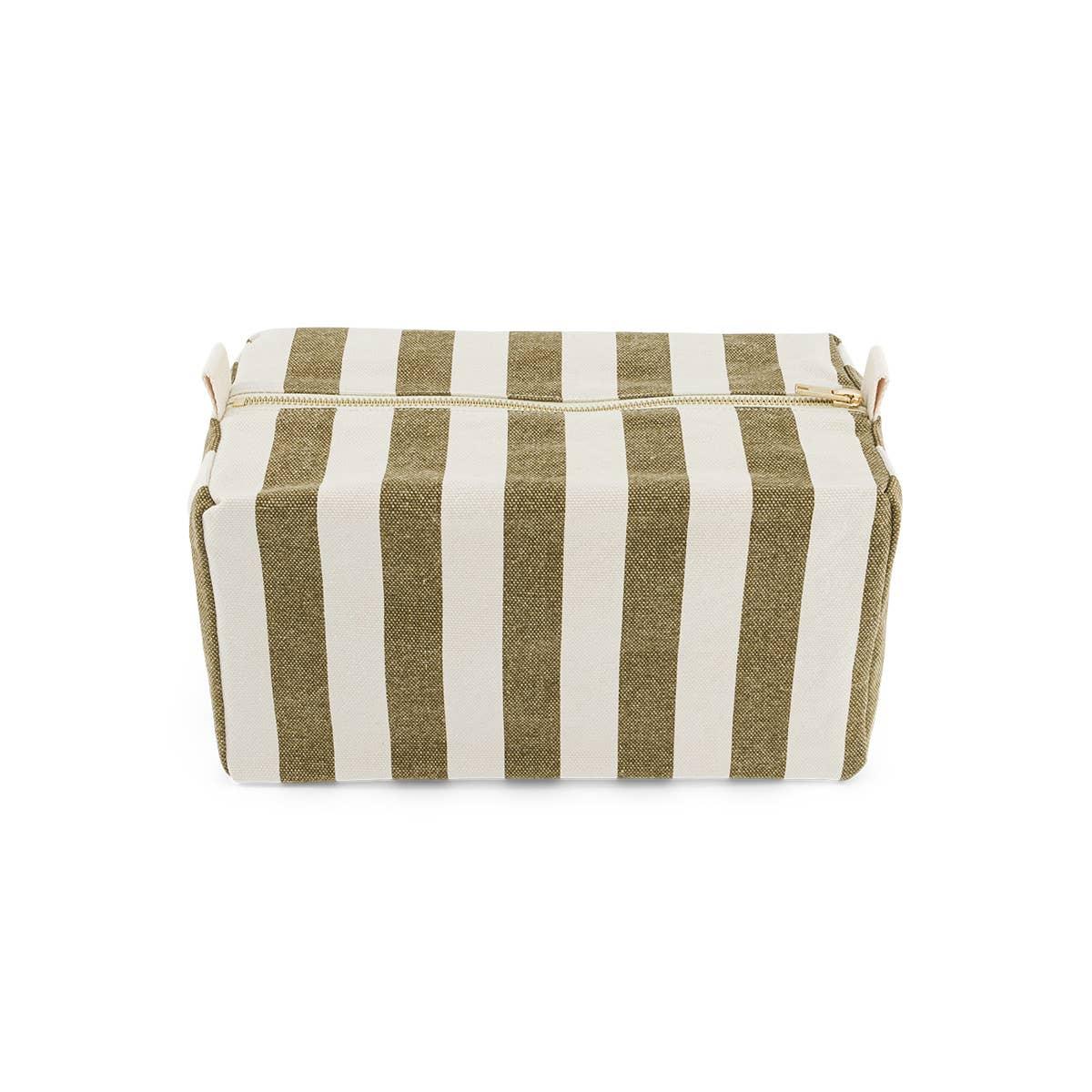 Business & Pleasure Co. canvas toiletry bag with olive green and cream stripes