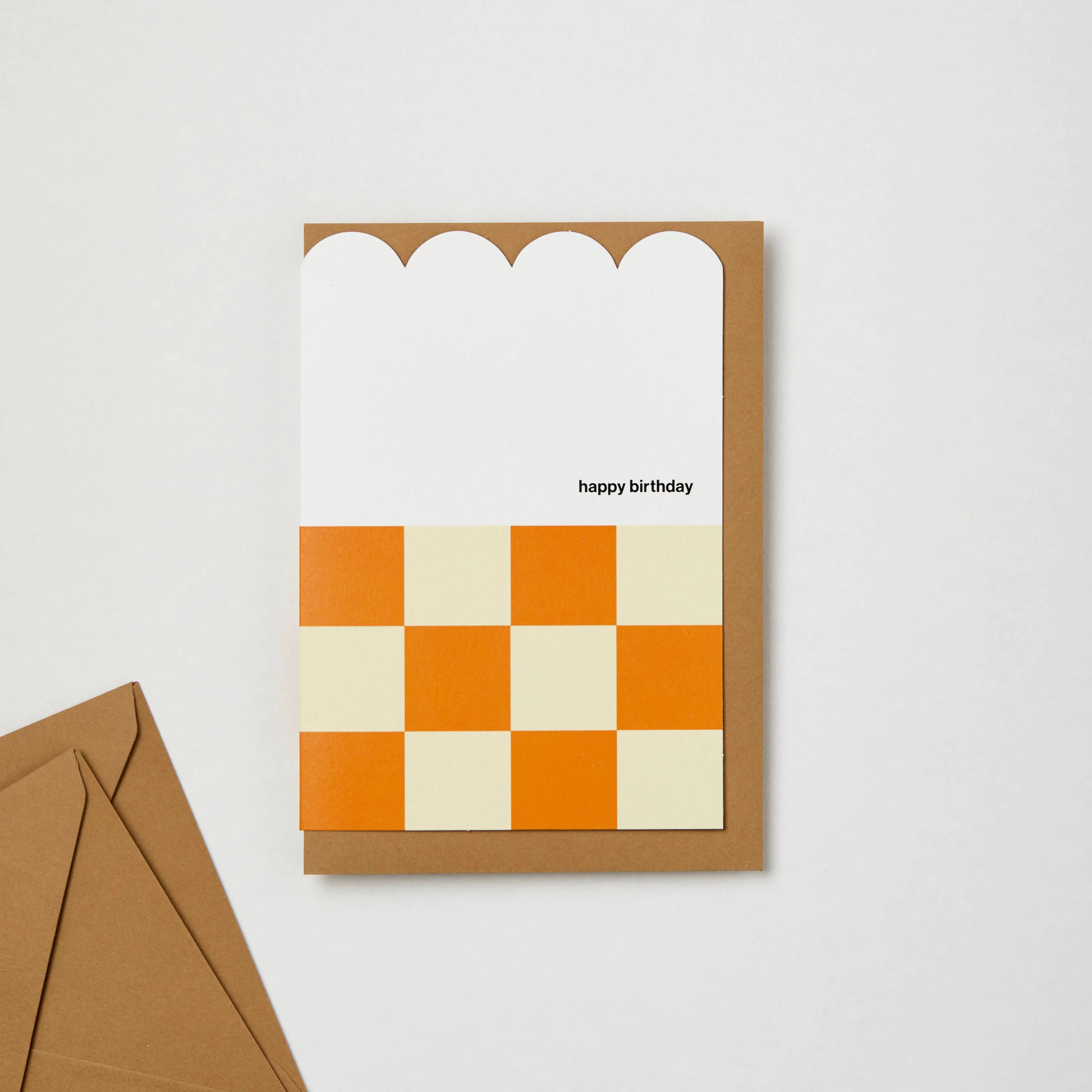 Hadley Paper Goods birthday card, premium paper, orange and cream checkerboard, kraft envelope