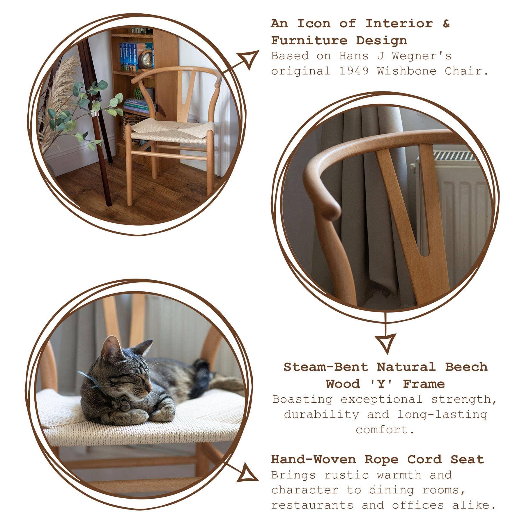 Hans J Wegner Wishbone Chair, natural beech wood frame, woven rope cord seat, light wood finish