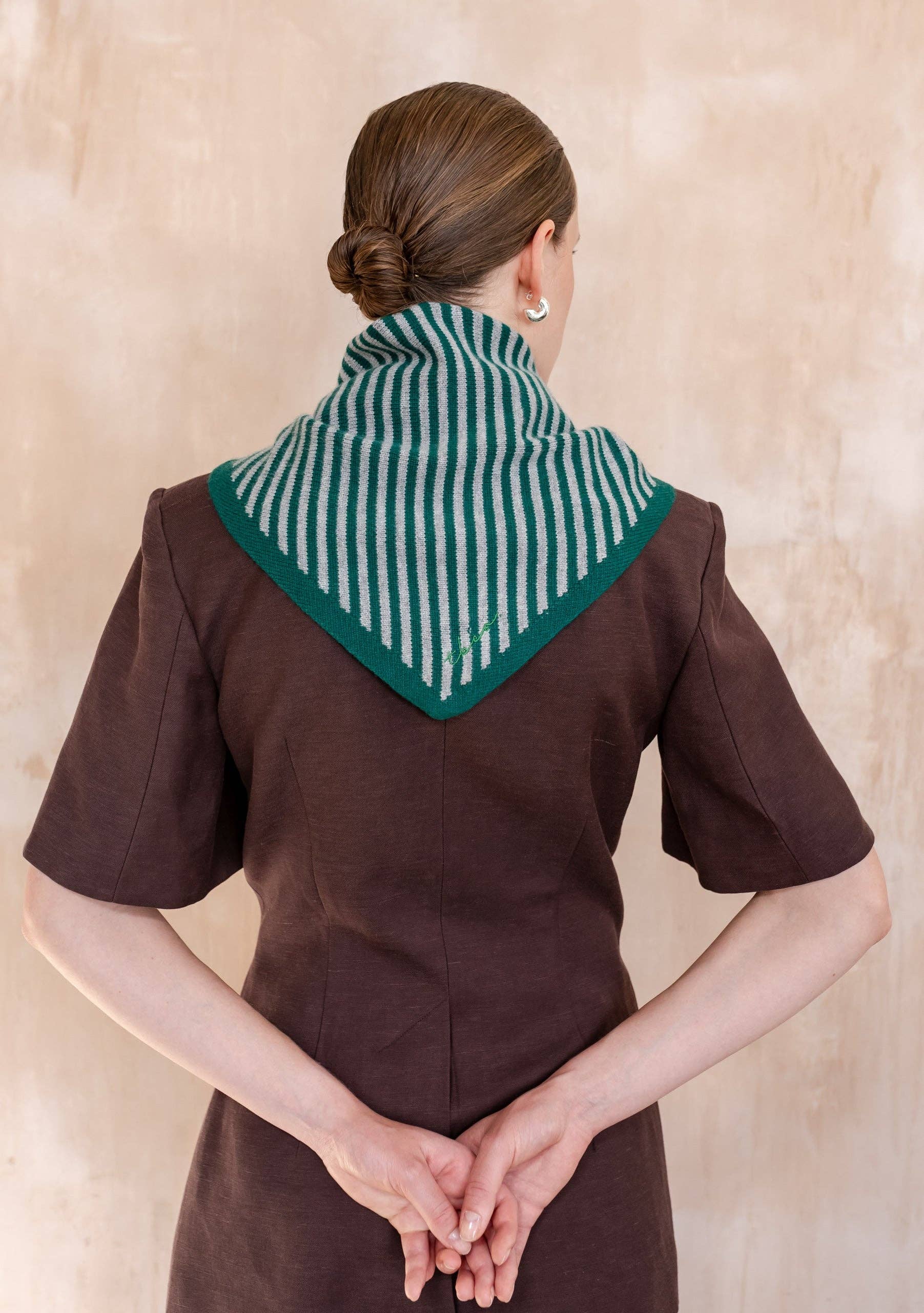 Merino Wool Triangle Scarf in Green & Charcoal Stripe - TBCo