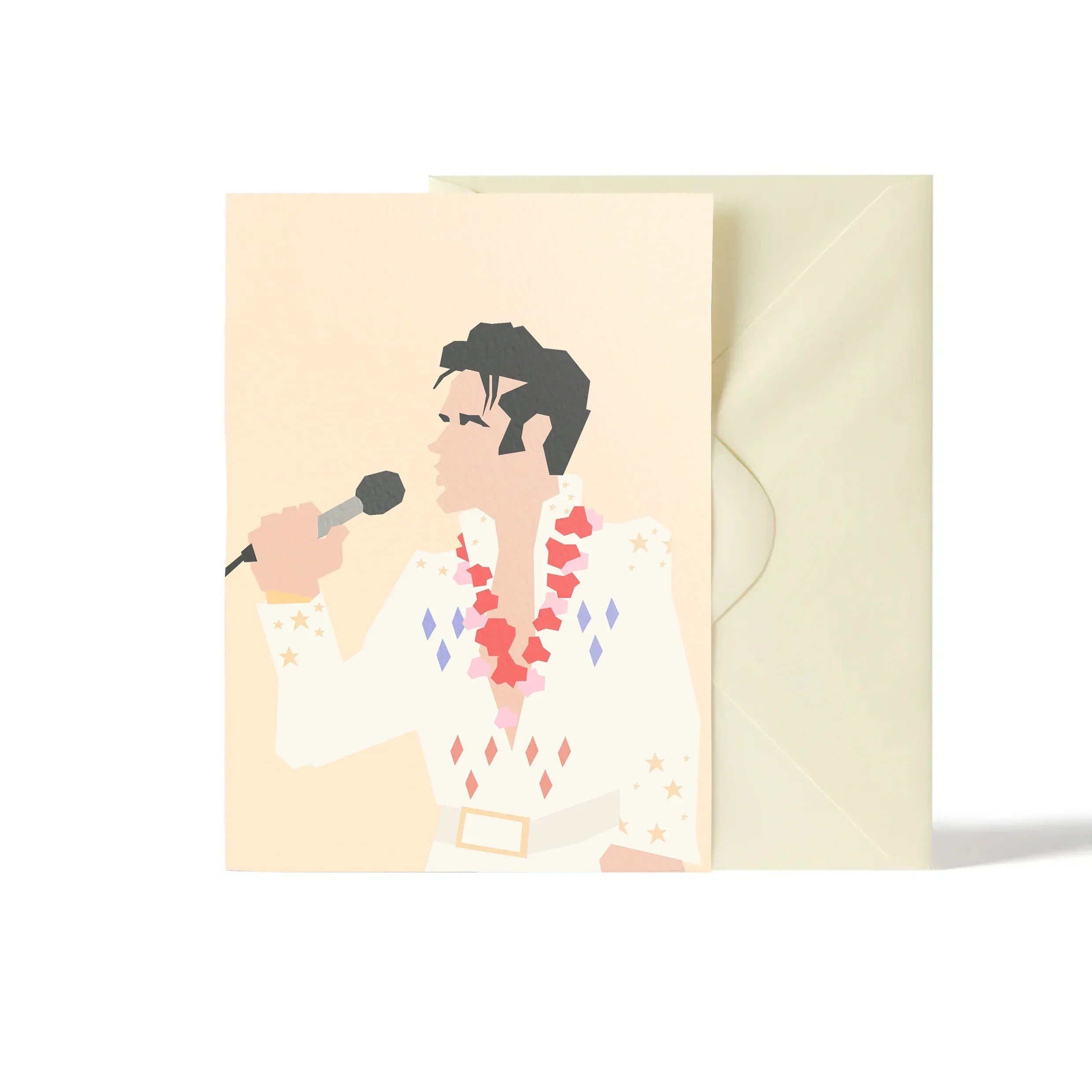 Red Cap Cards greeting card, paper, featuring stylized singer in white suit with envelope