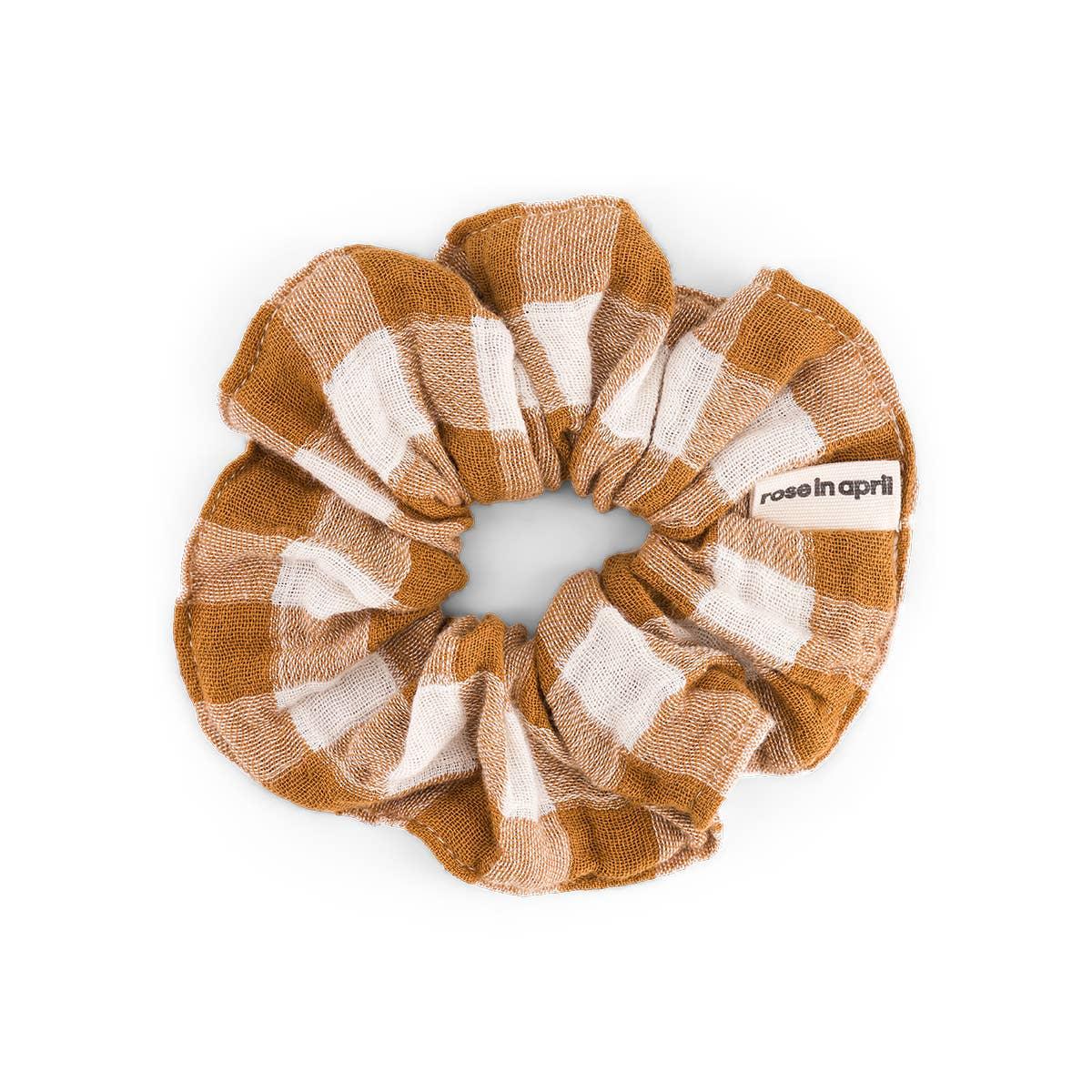 Rose in April cotton scrunchie, brown and white check pattern, premium hair accessory
