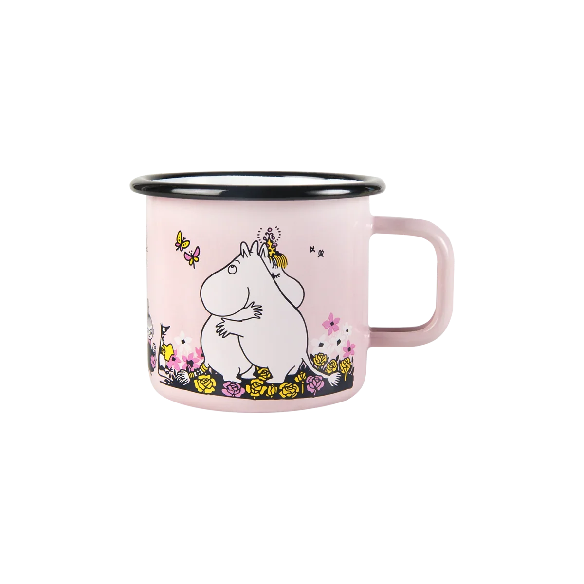 Muurla pink enamel mug featuring Moomin characters and floral design