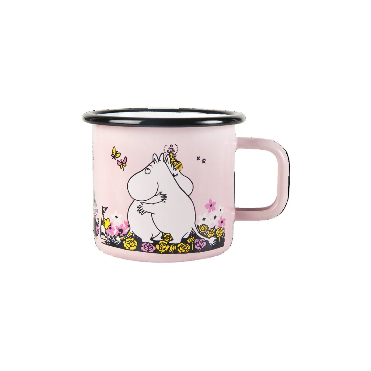 Muurla Moomin enamel mug, pink with cartoon characters and floral design