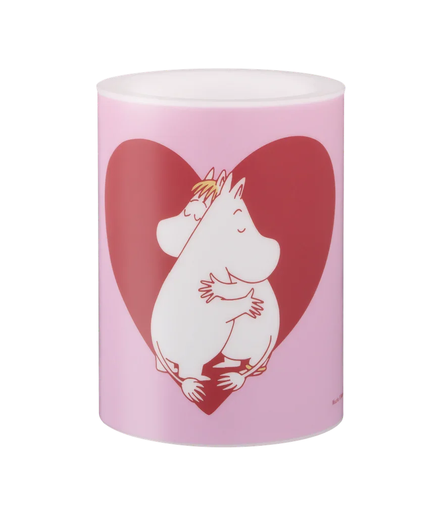 Moomin LED candle, pink plastic, hugging Moomin characters on red heart design