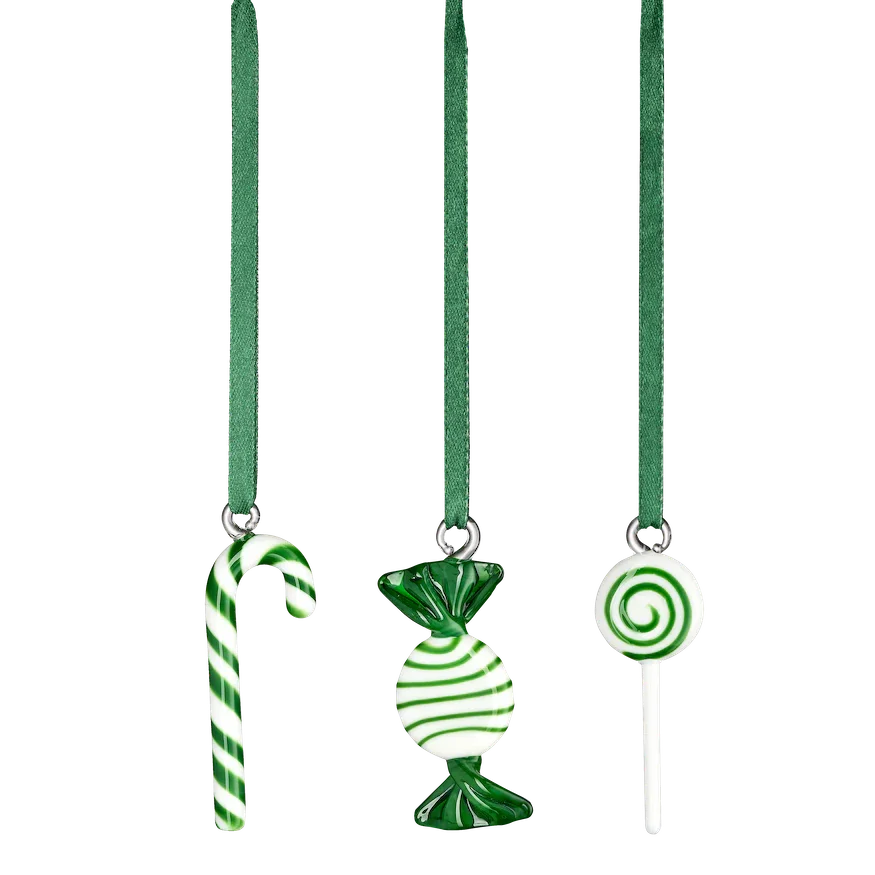 Vondels glass Christmas ornaments, green and white candy designs with green ribbon