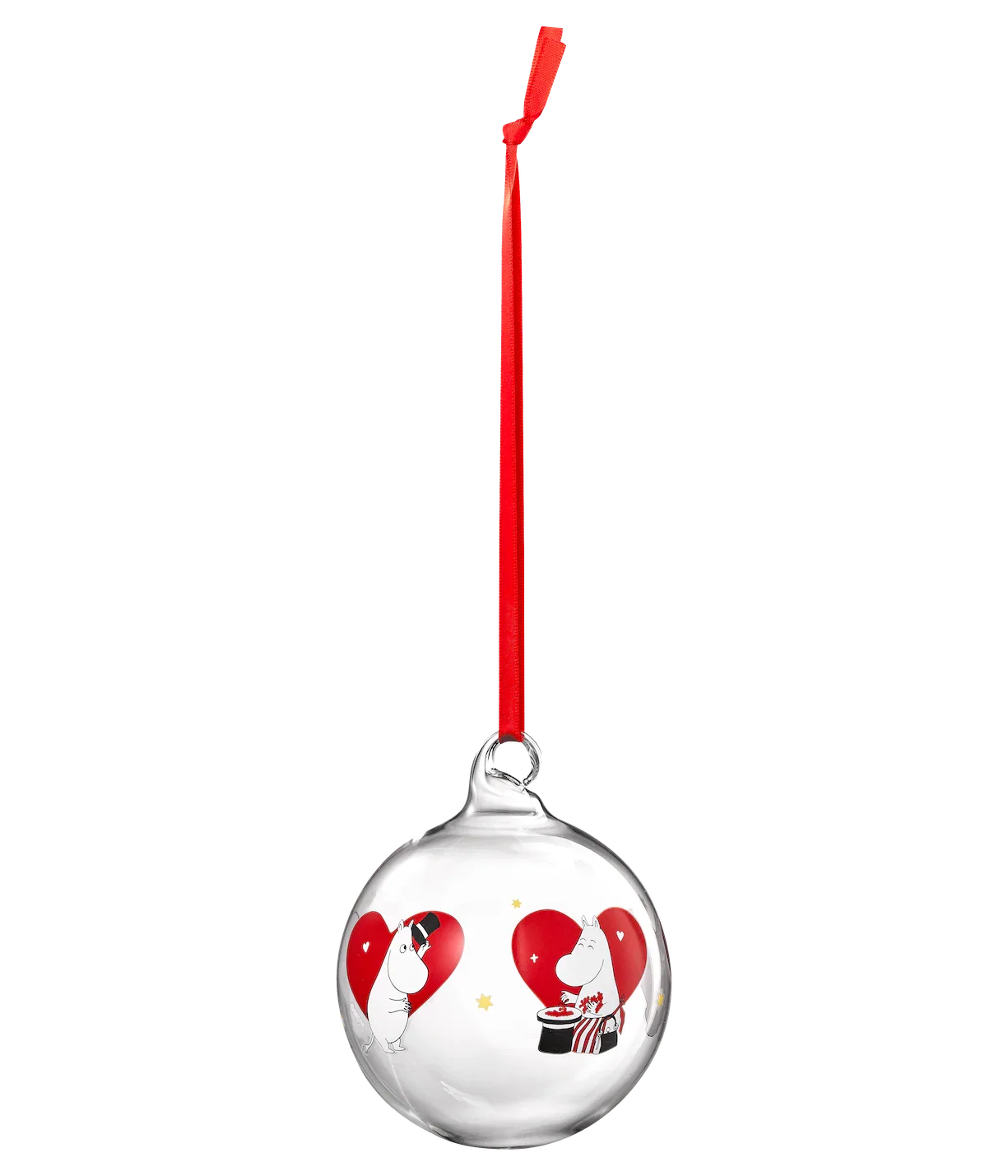 Arabia Moomin glass Christmas bauble with red ribbon, white and red heart design
