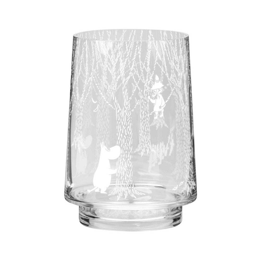 Iittala glass tumbler with Moomin characters, clear premium glass, forest motif