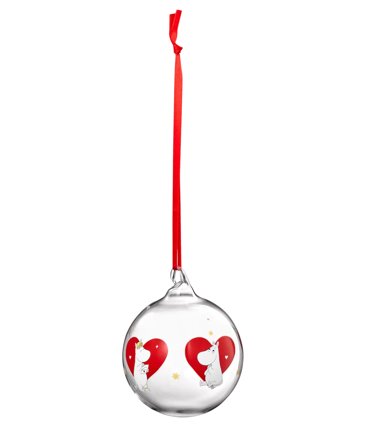 Moomin glass Christmas bauble with red ribbon, white background, red hearts design