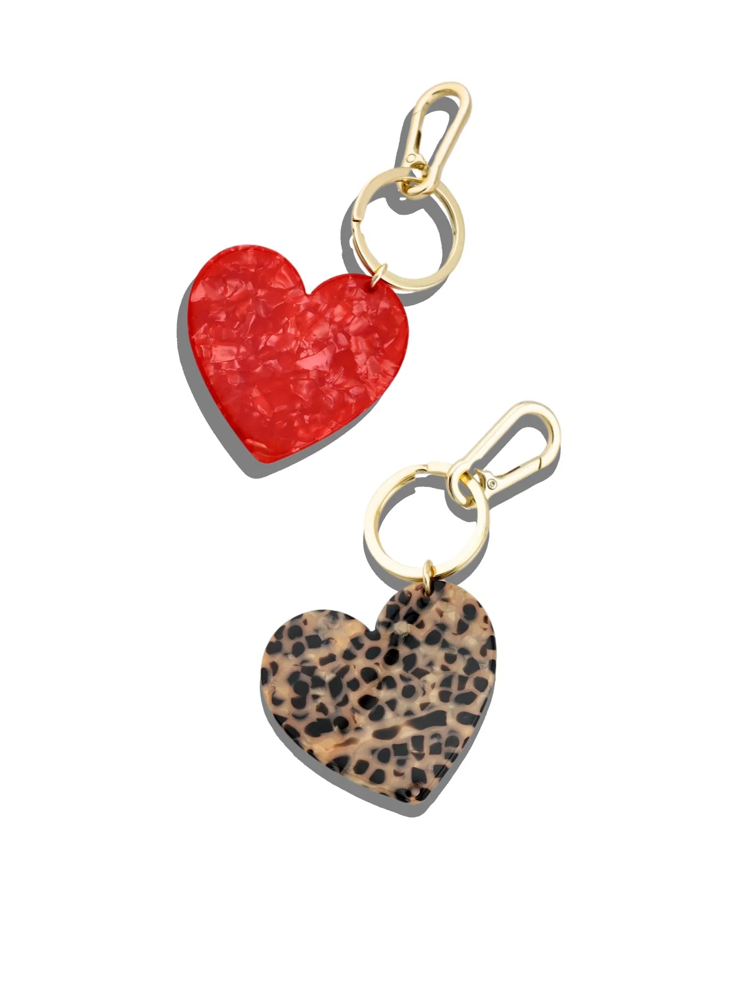 Lele Sadoughi heart keychains in gold-tone metal, red and leopard acrylic