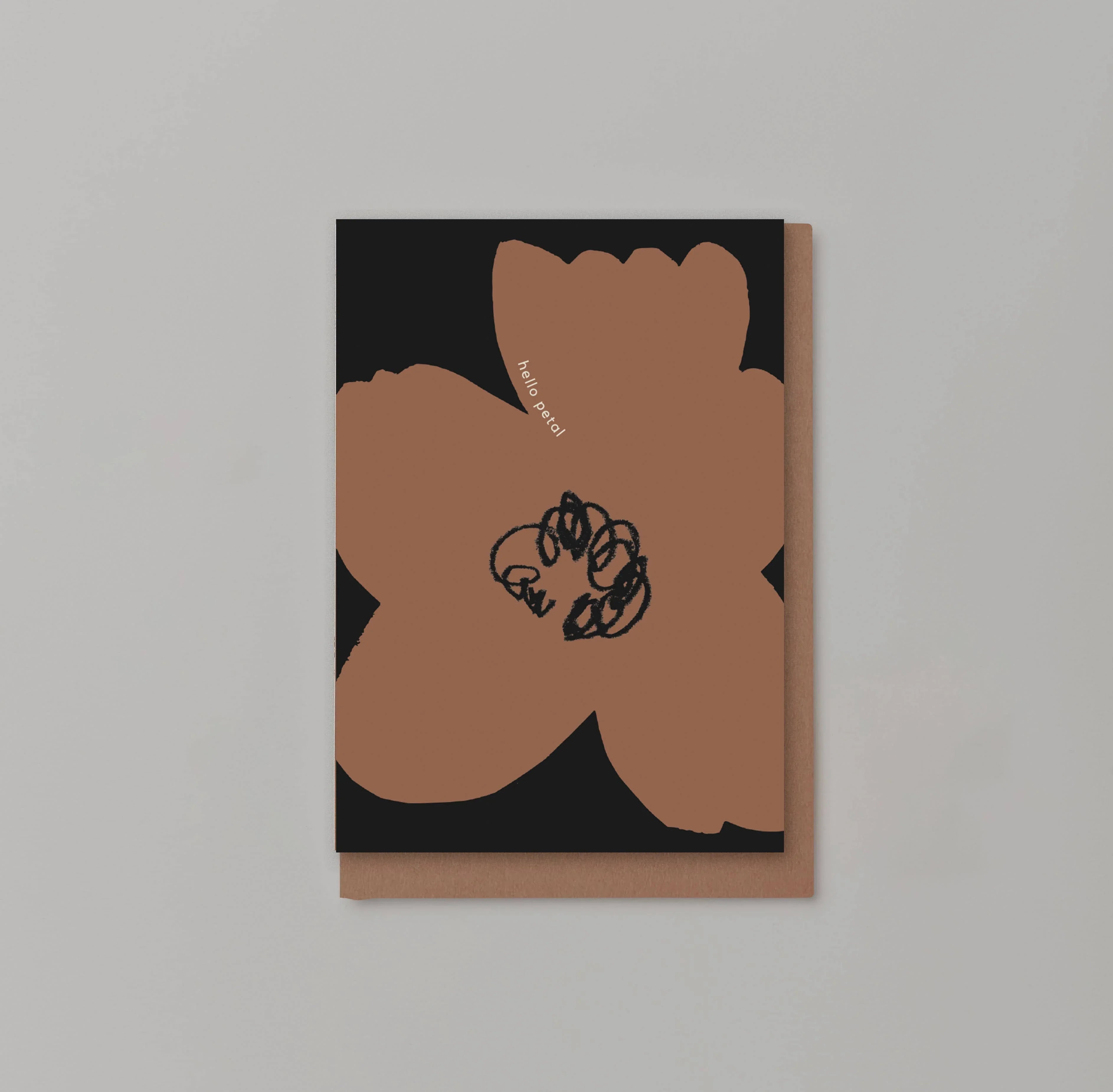 Norsu Interiors greeting card, brown flower design on black, premium paper, modern art