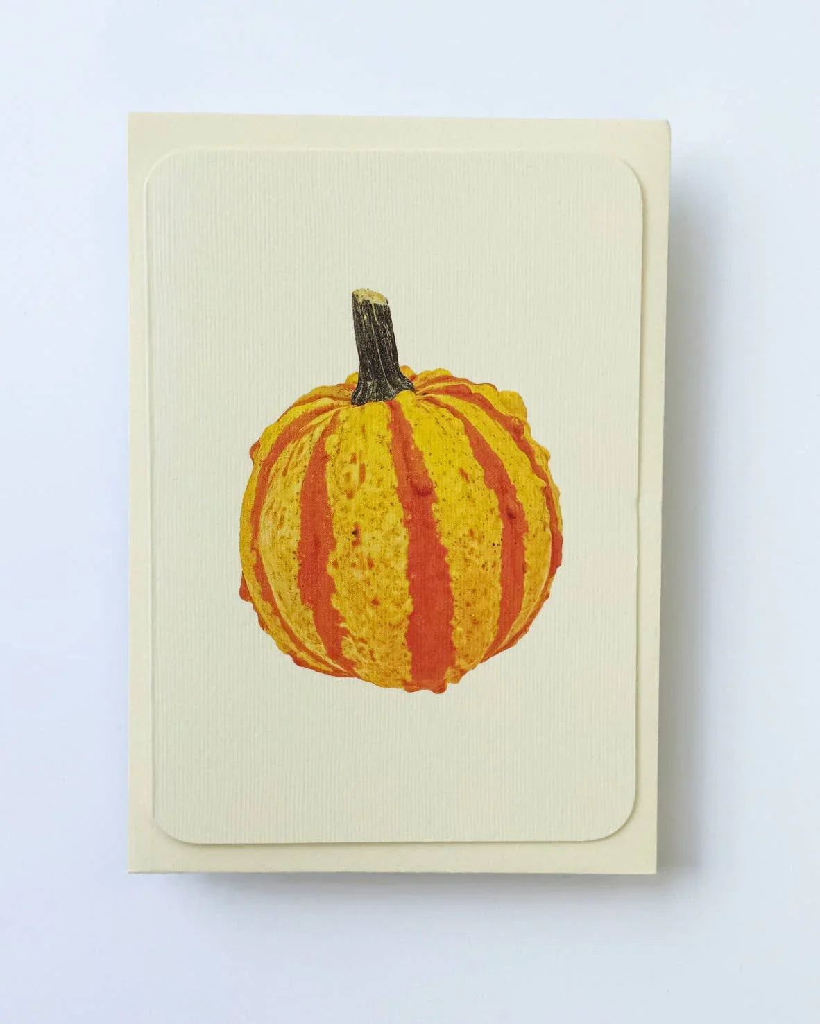 Letterpress Harvest Co. pumpkin card, textured cream paper, orange and yellow gourd illustration