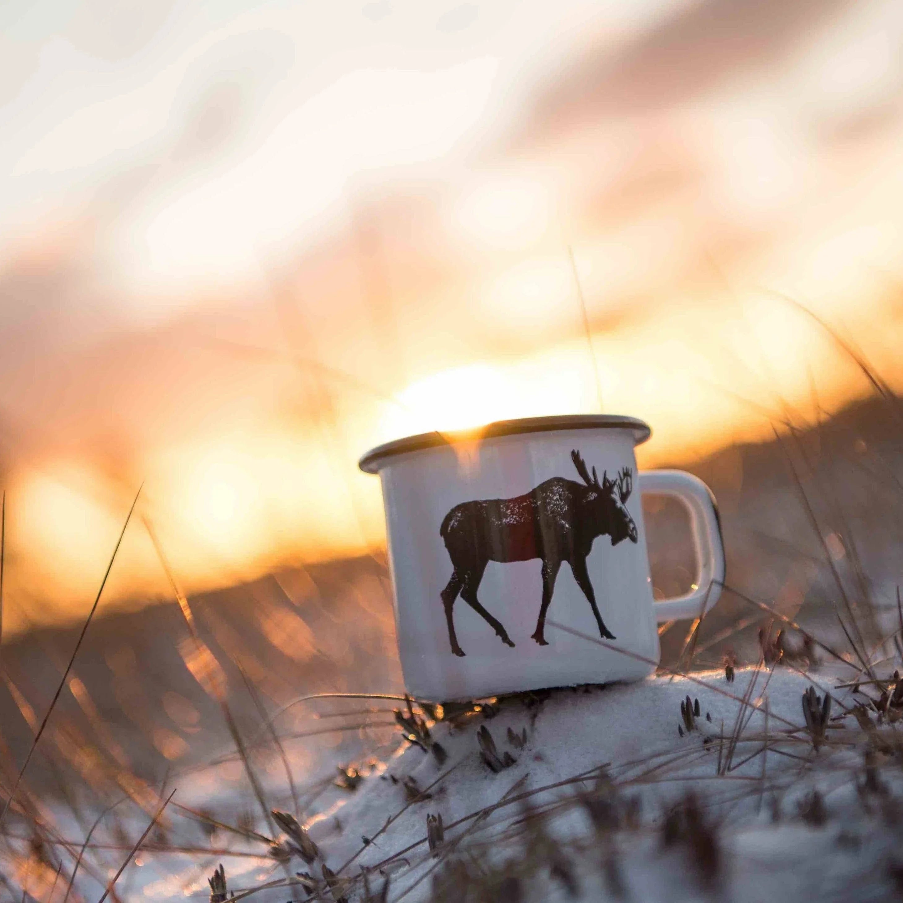 Nordic Moose white enamel mug with black moose print outdoors on snowy grass at sunset