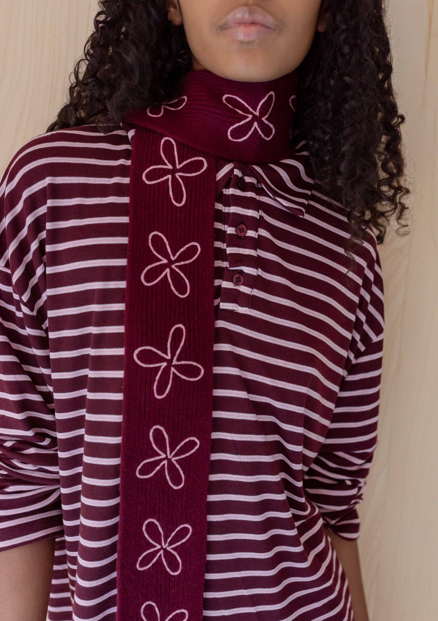Merino Wool Skinny Scarf in Burgundy Flora - TBCo