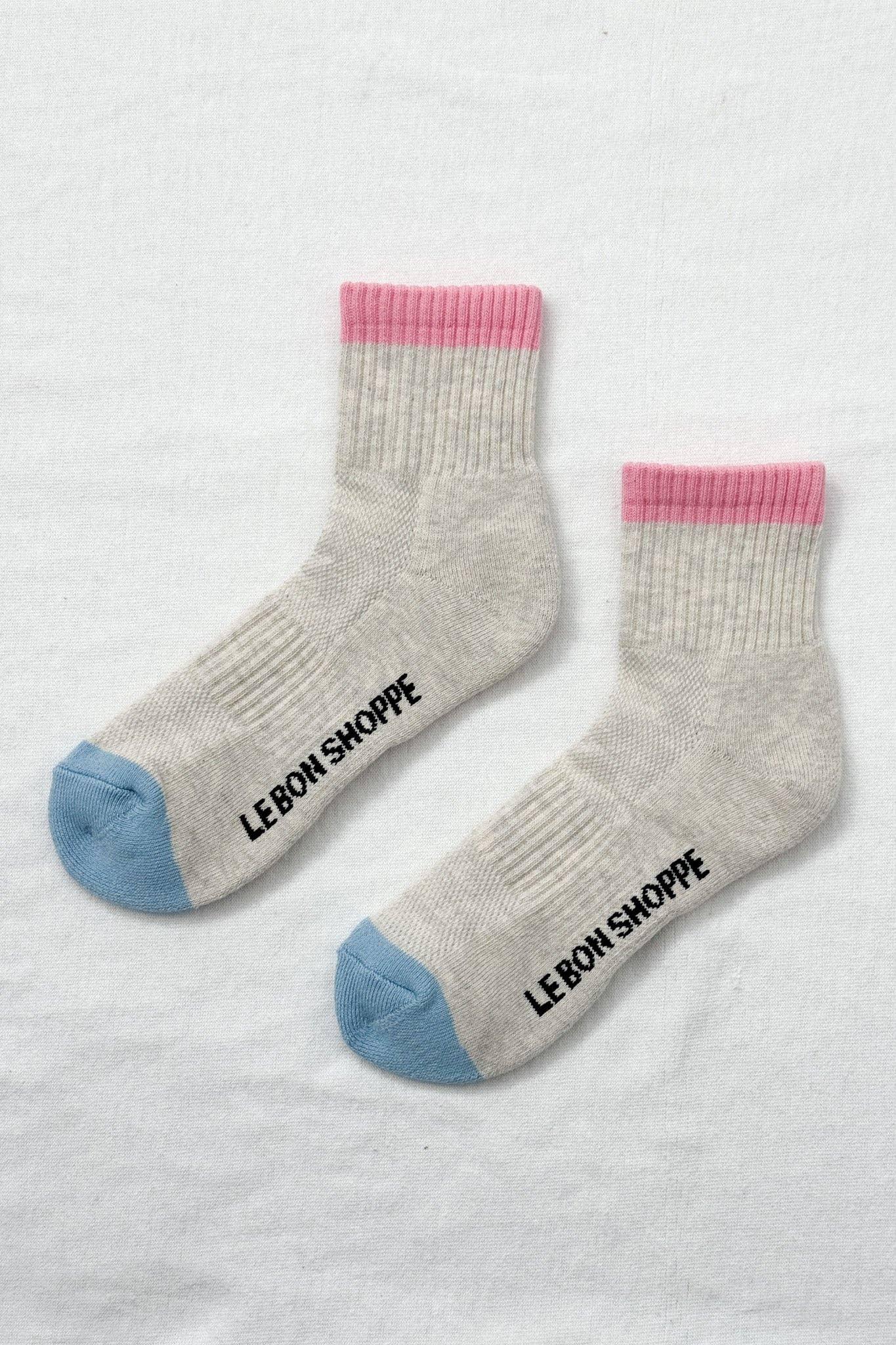 Le Bon Shoppe socks, ribbed cotton, heather grey with pink cuff and blue toe accents