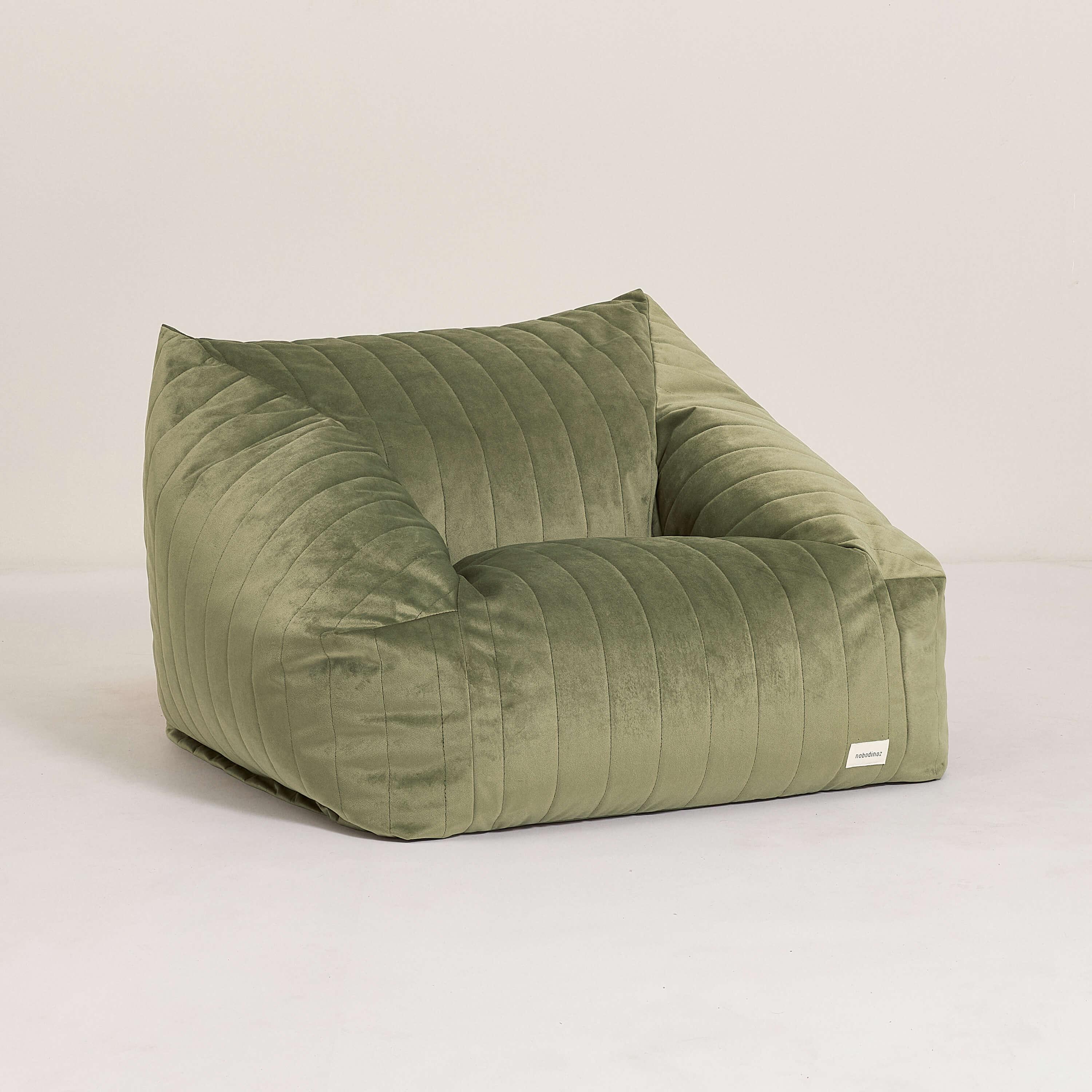 Nobodinoz Chelsea velvet beanbag in olive green, plush quilted fabric, minimalist setting
