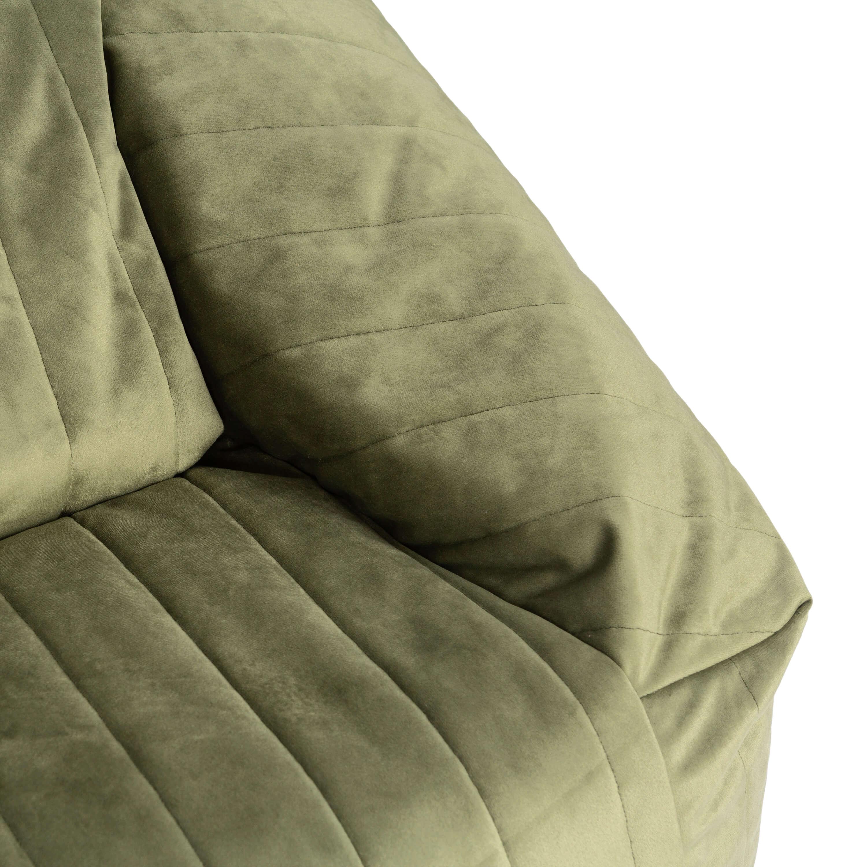 Nobodinoz Chelsea velvet beanbag in olive green, premium quilted fabric close-up