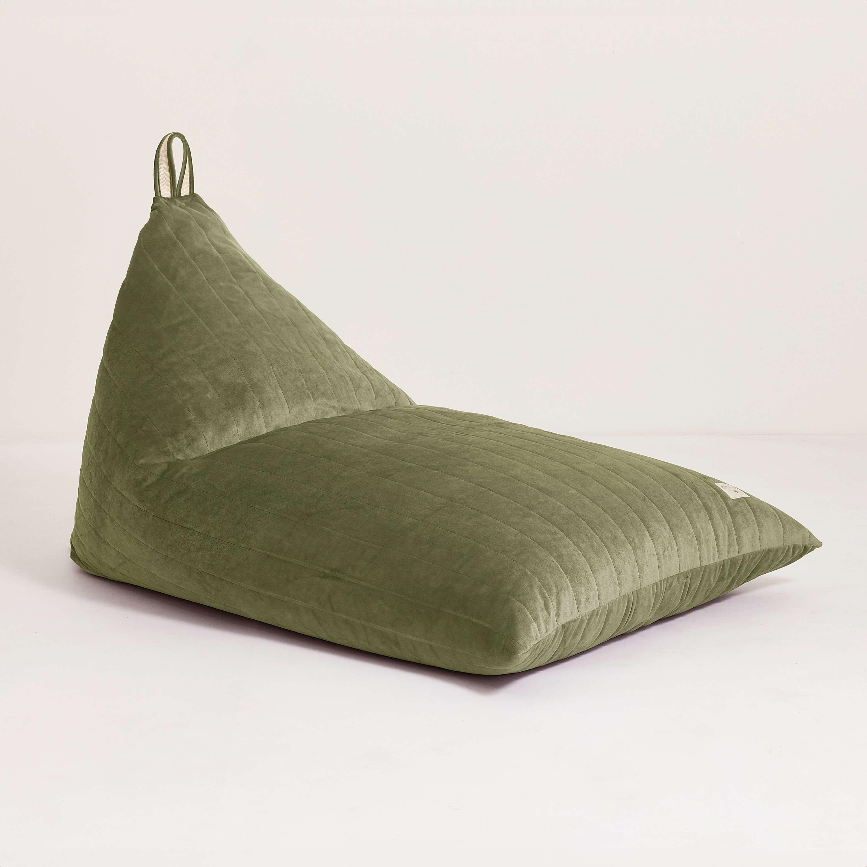 Nobodinoz Essaouira olive green velvet beanbag, premium quilted fabric, minimalist design