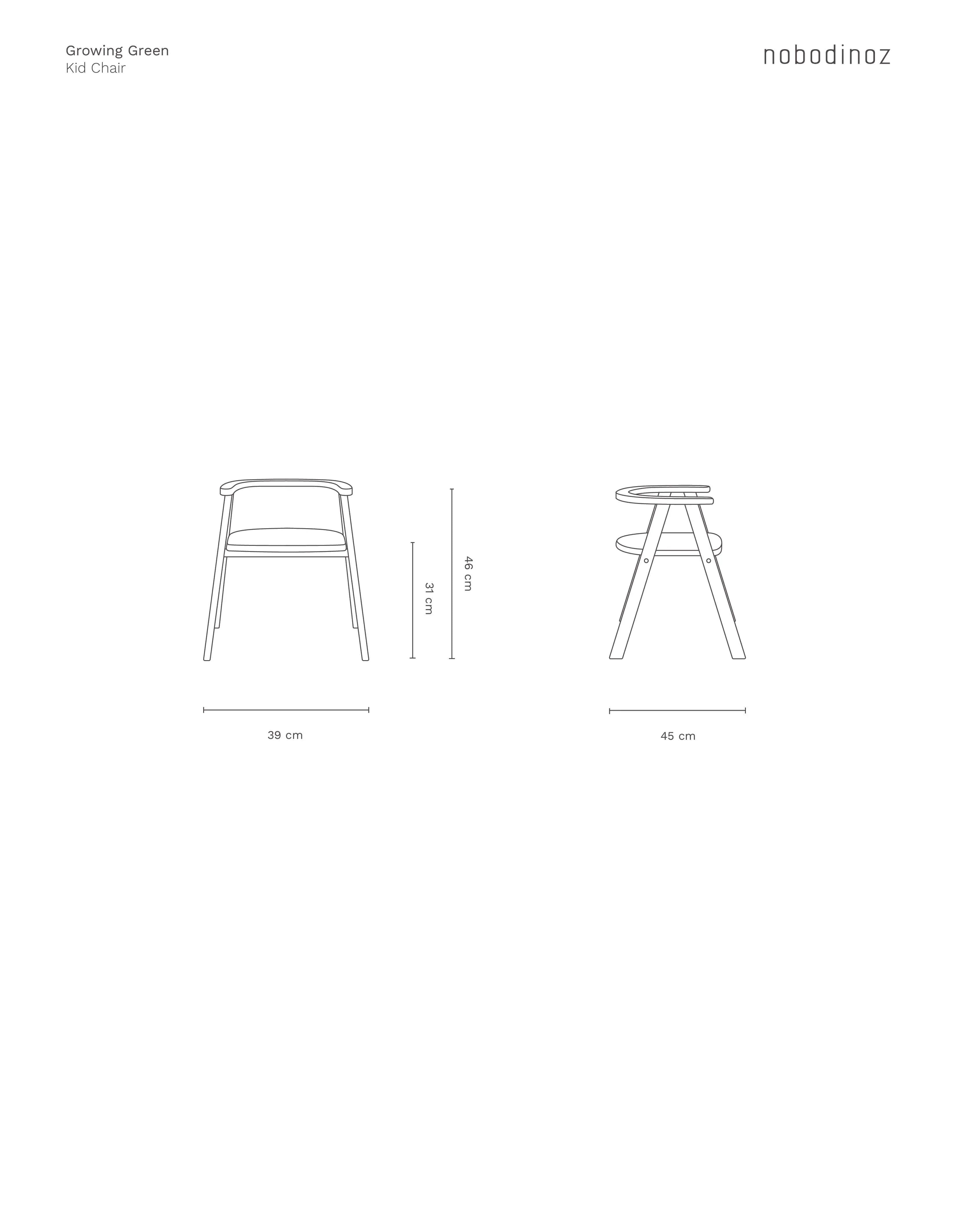 Nobodinoz Growing Green kid chair, natural oak, minimalist line drawing, dimensions shown