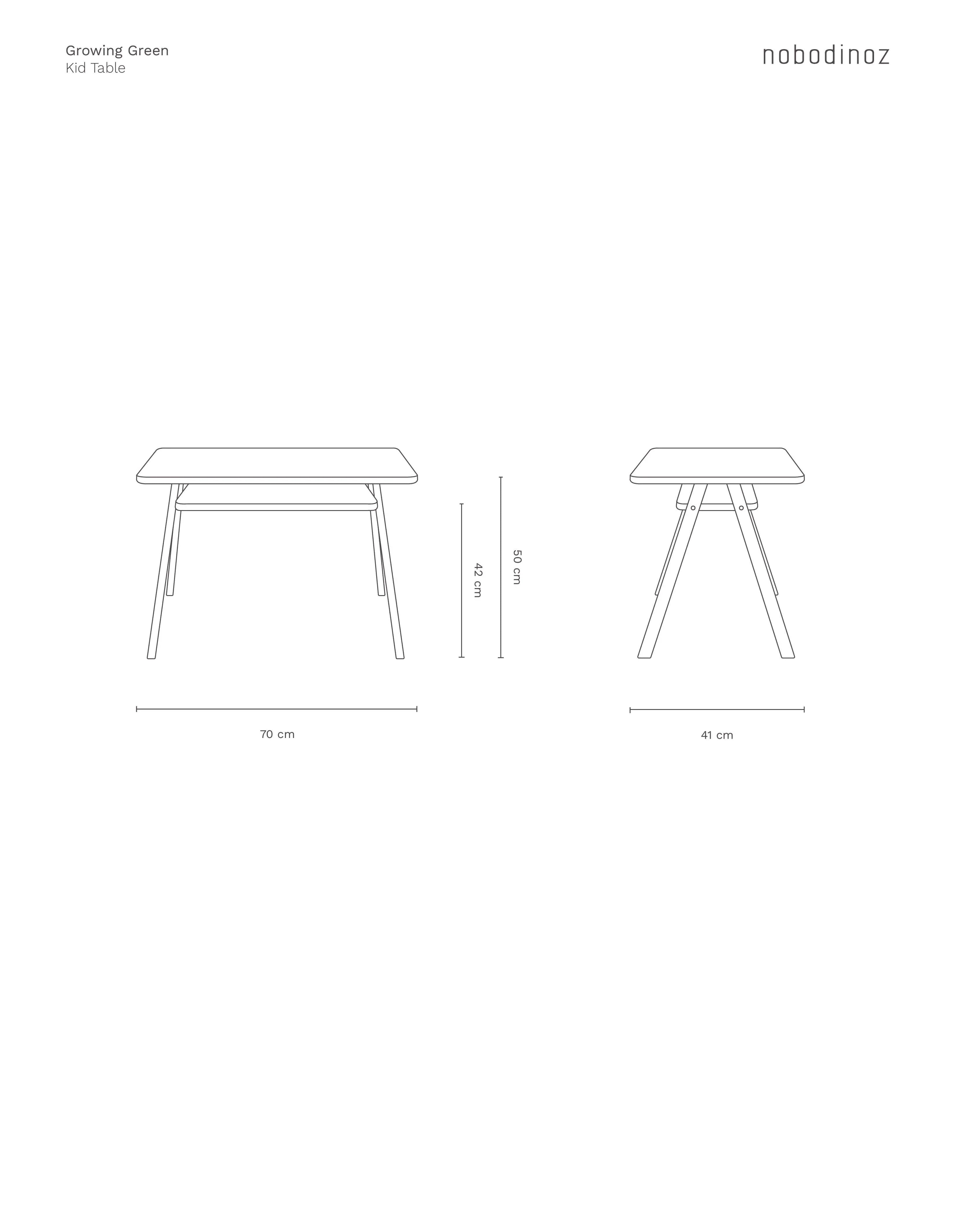Nobodinoz Growing Green kid table, natural oak, premium wood, minimalist dimensions diagram