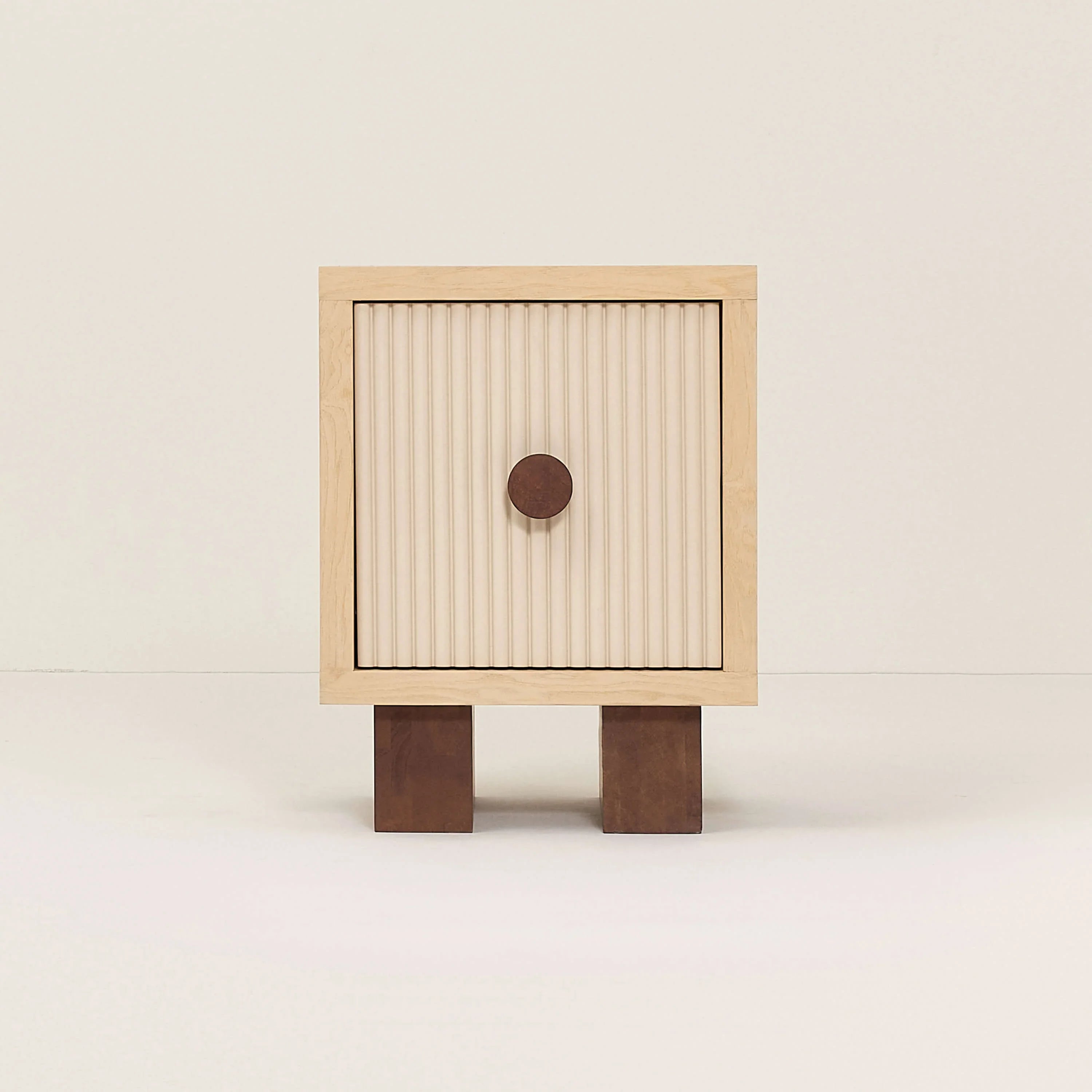 Heju x Nobodinoz bedside table, light wood, cream panel, brown wooden legs