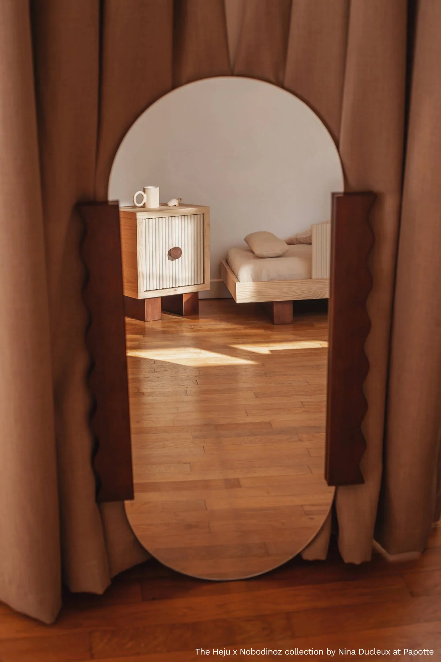 Heju x Nobodinoz wood bedside table, fluted door, light oak finish, modern bedroom scene