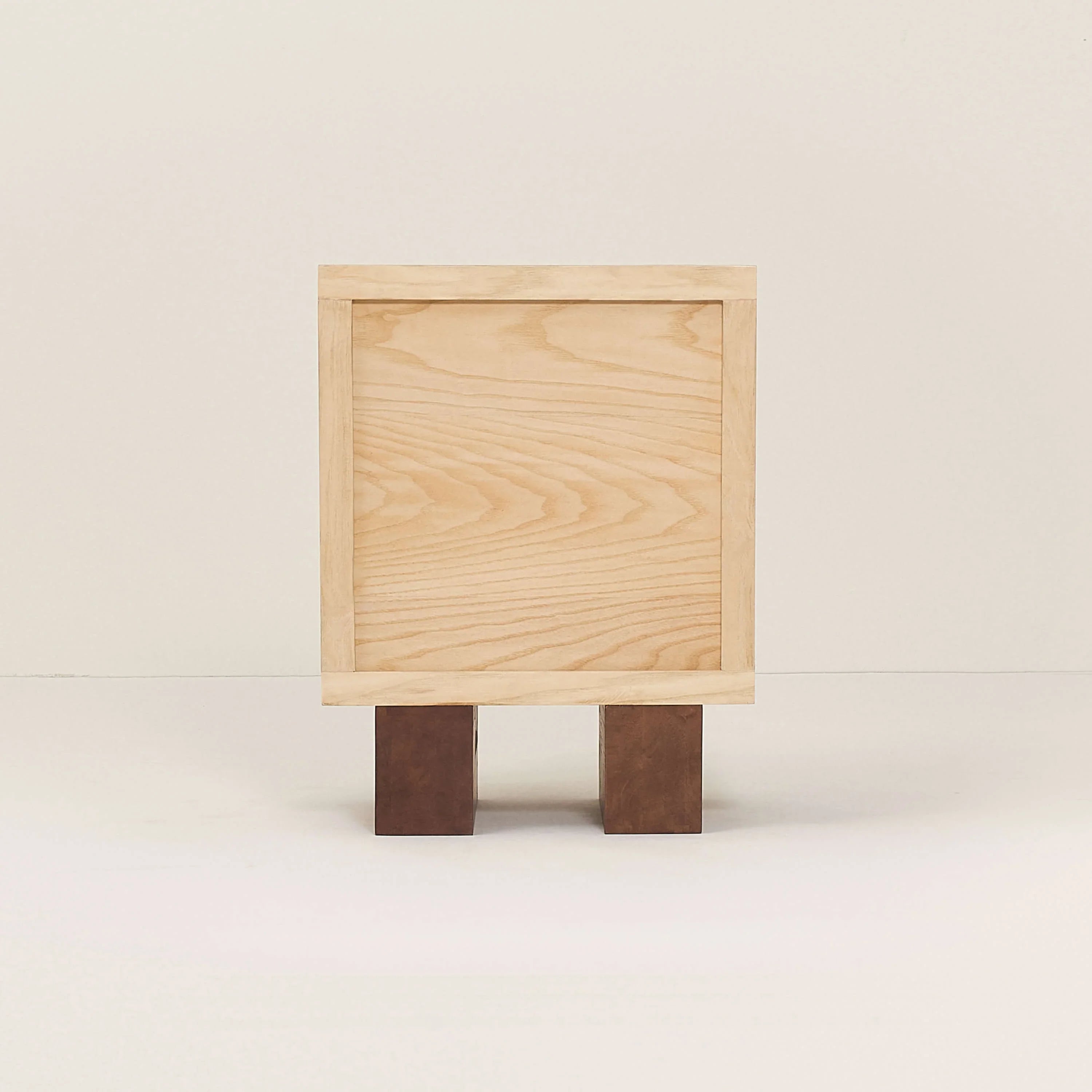 Heju x Nobodinoz bedside table, light wood body, brown wood legs, minimalist design