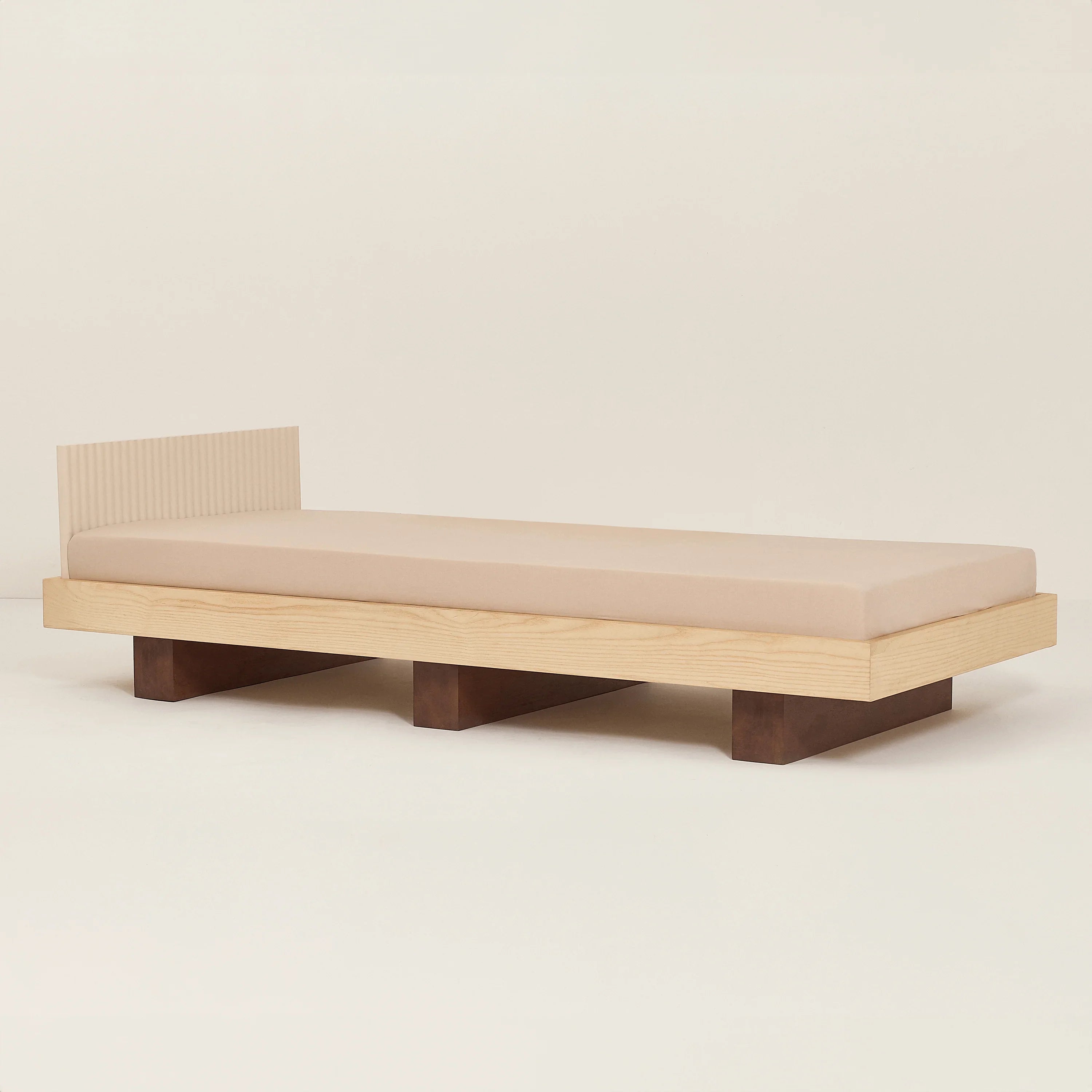 Heju x Nobodinoz junior bed, light wood frame, beige mattress, minimalist design