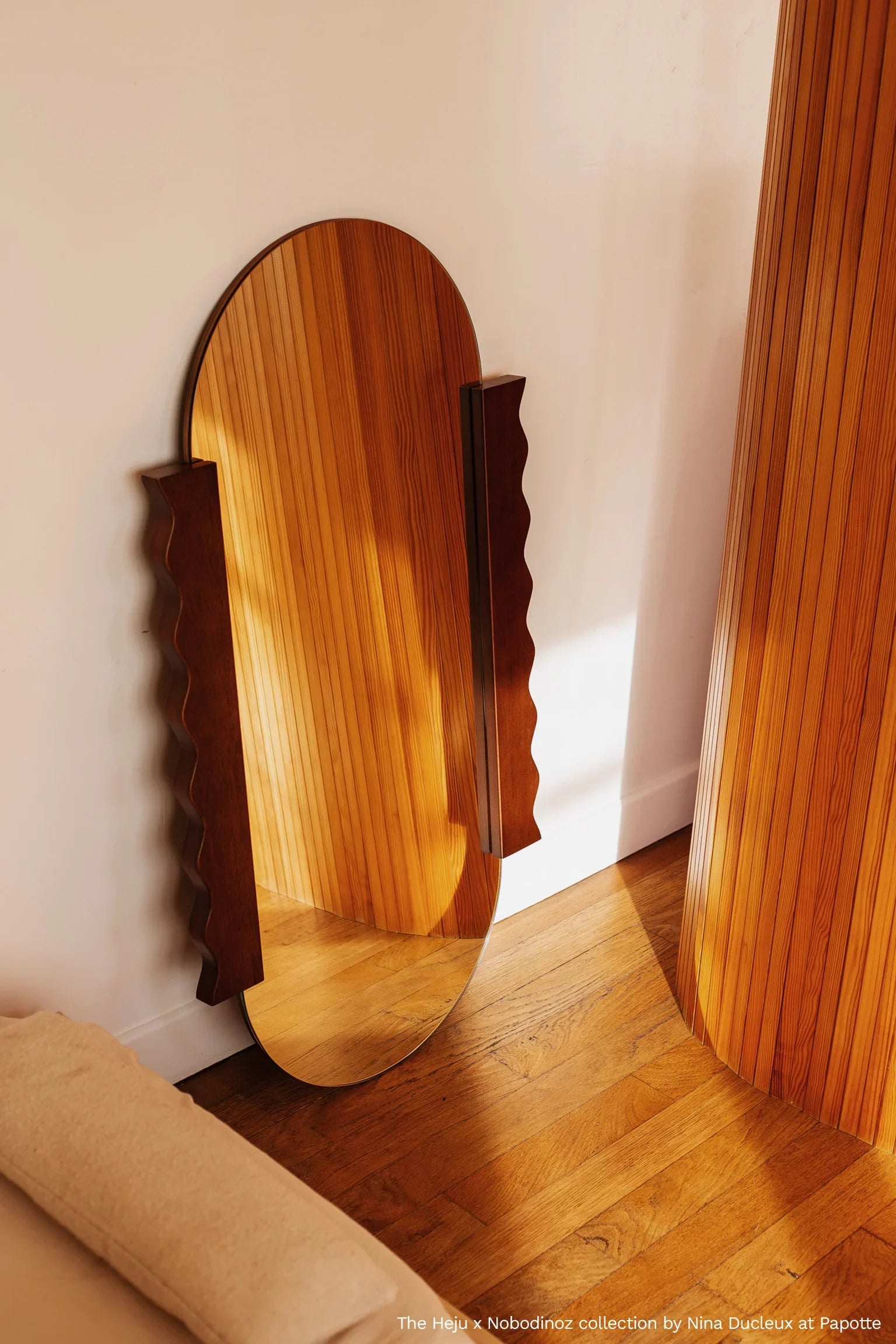 Heju x Nobodinoz wooden-framed mirror with wavy edge design in warm natural brown