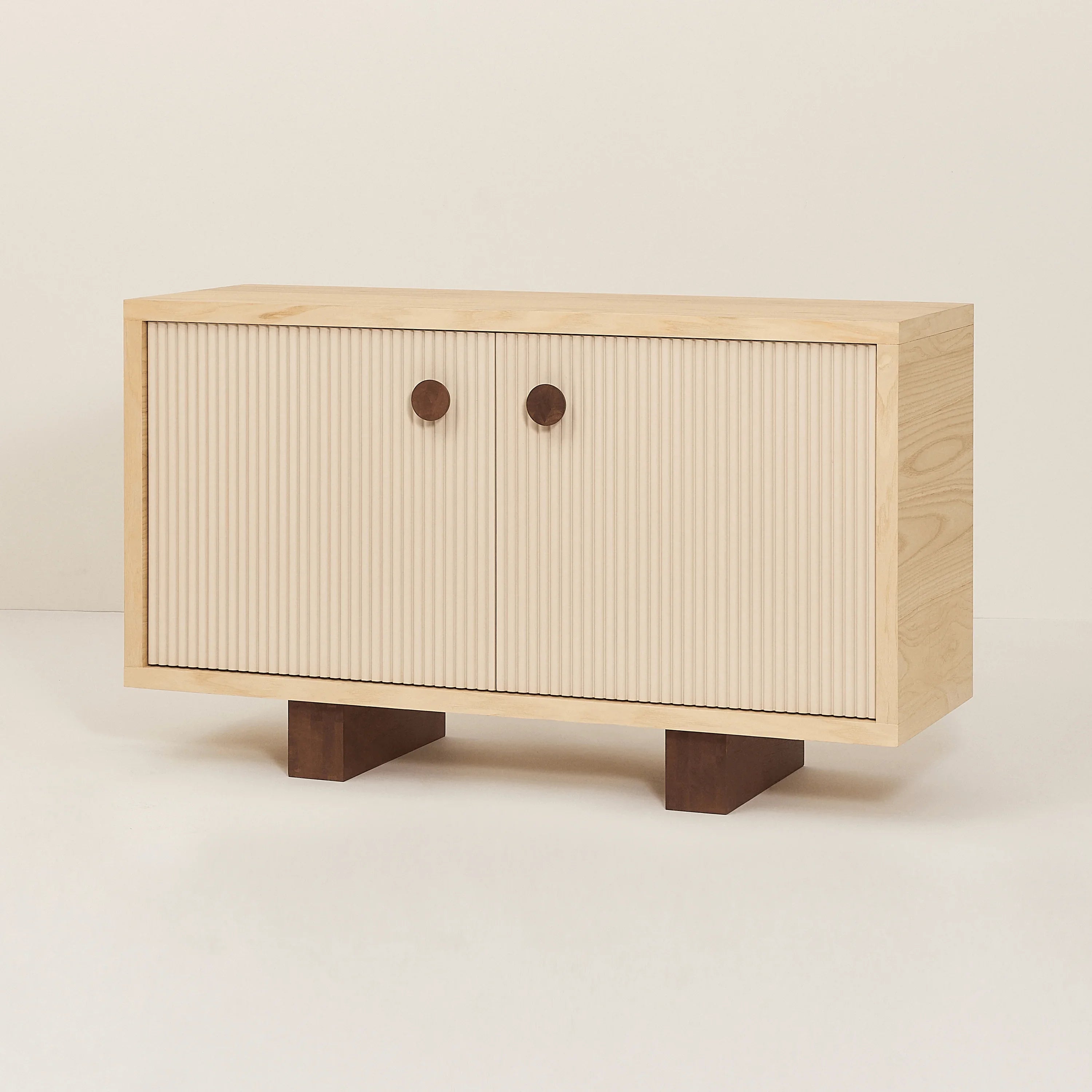 Heju x Nobodinoz sideboard, light wood and beige ribbed doors, premium modern design