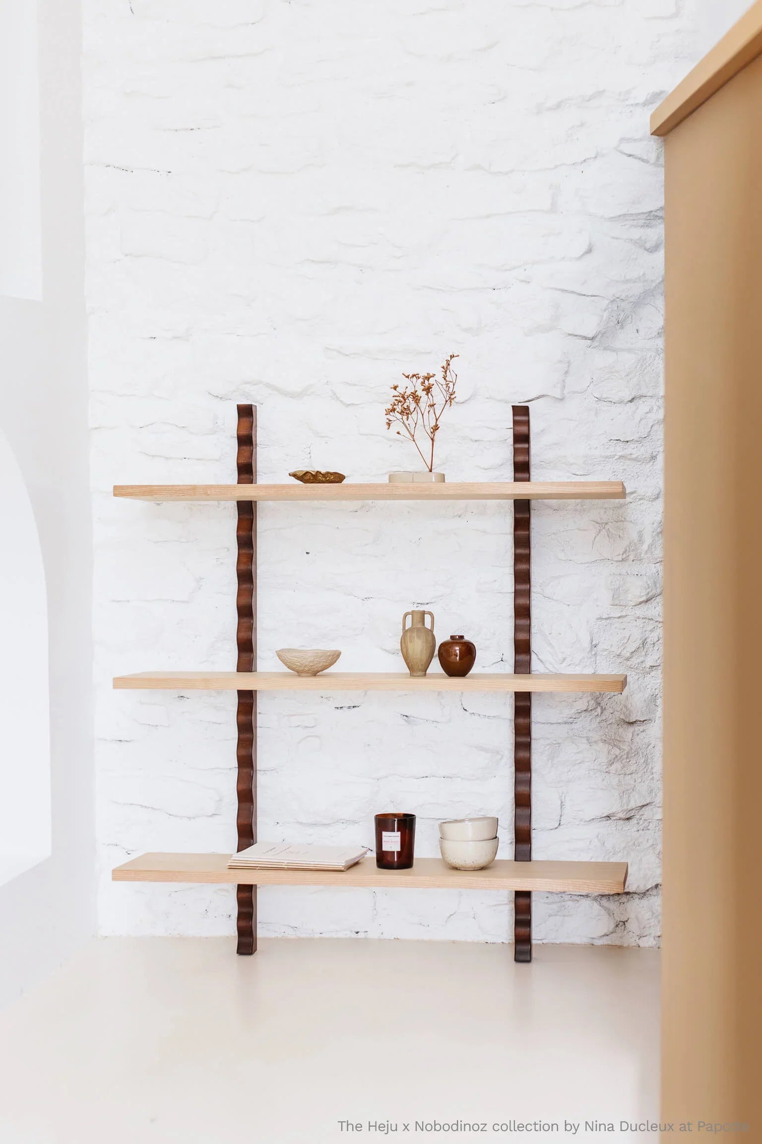 Heju x Nobodinoz wall shelves, light wood and dark wood, minimalist decor, white brick wall