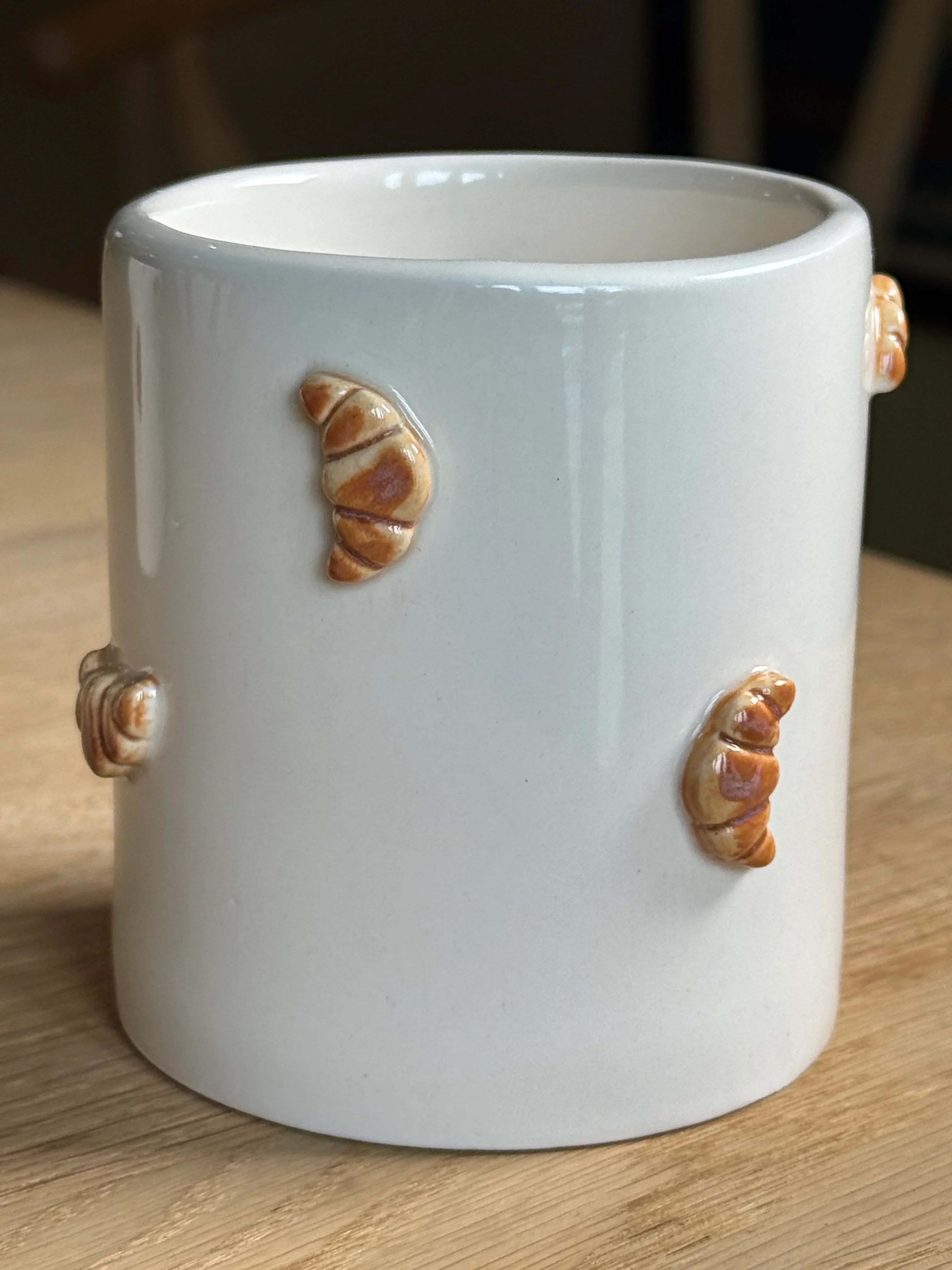 Mornington ceramic mug with croissant accents, white porcelain, premium artisan design