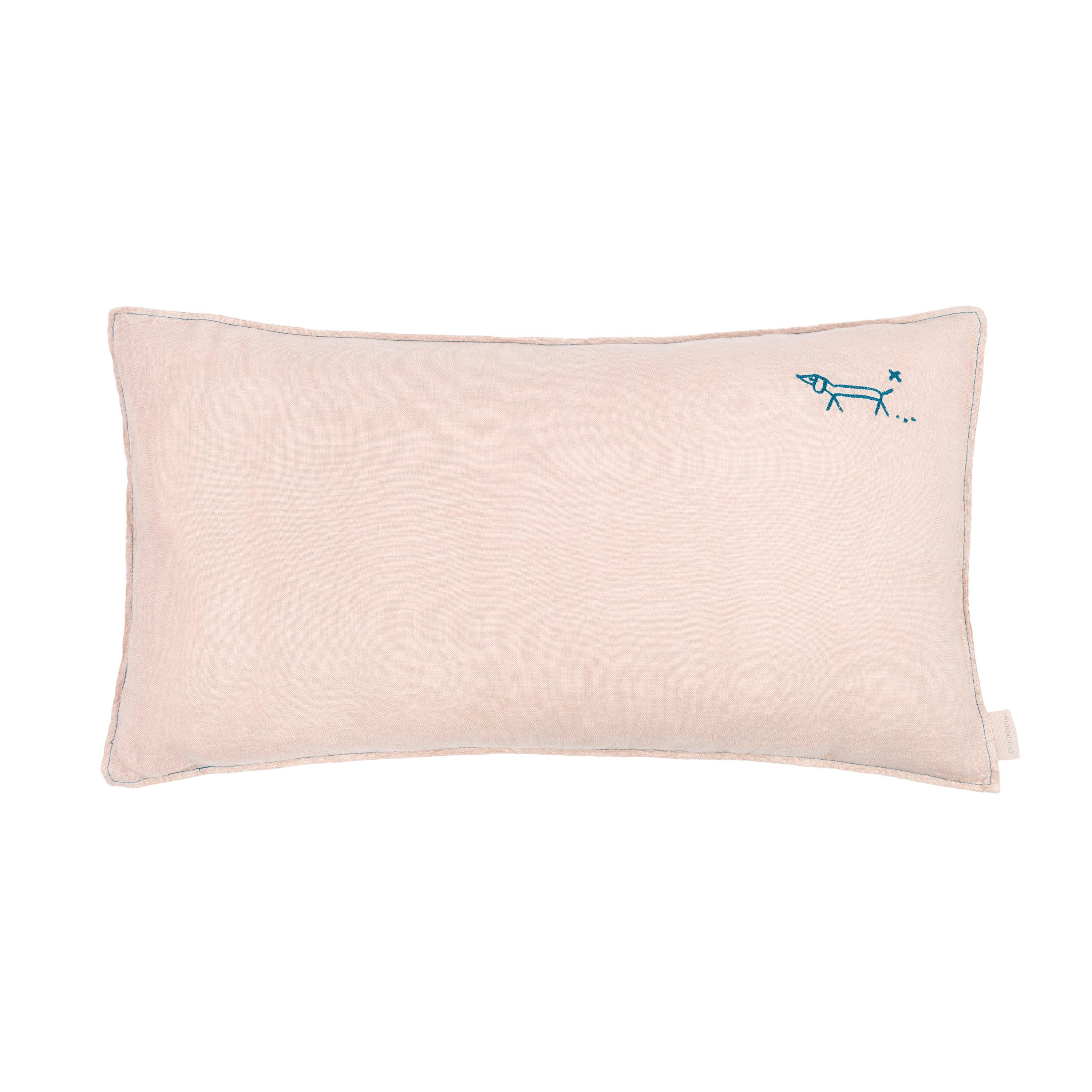 Nobodinoz rectangular mauve pink linen cushion with dog embroidery