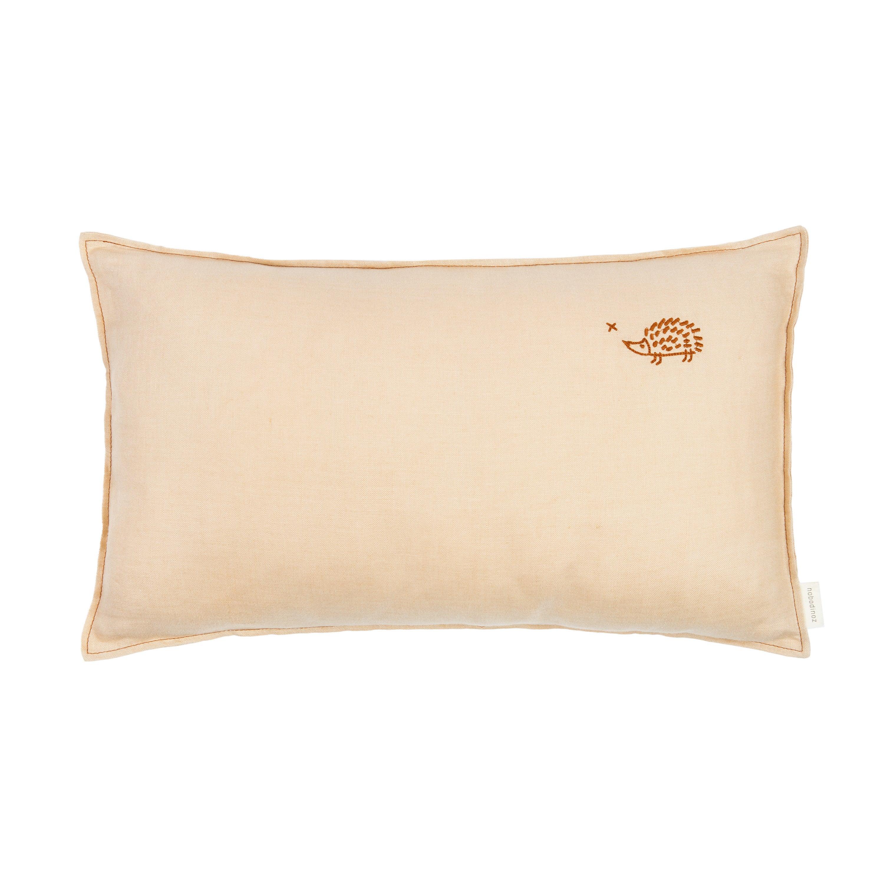 Nobodinoz sand rectangular cotton cushion with hedgehog embroidery detail
