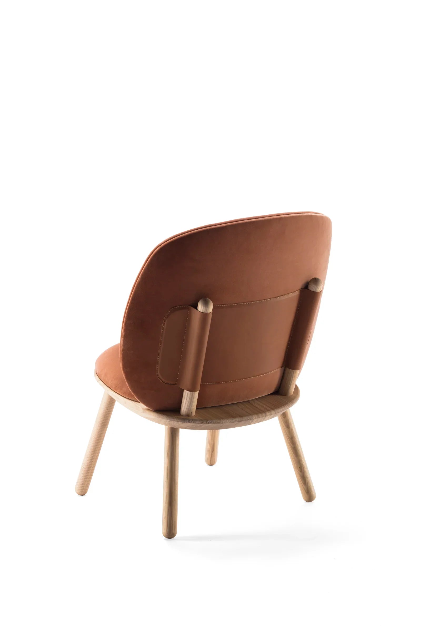 Nlow1terra modern dining chair with tan leather upholstery and light wood legs, rear view