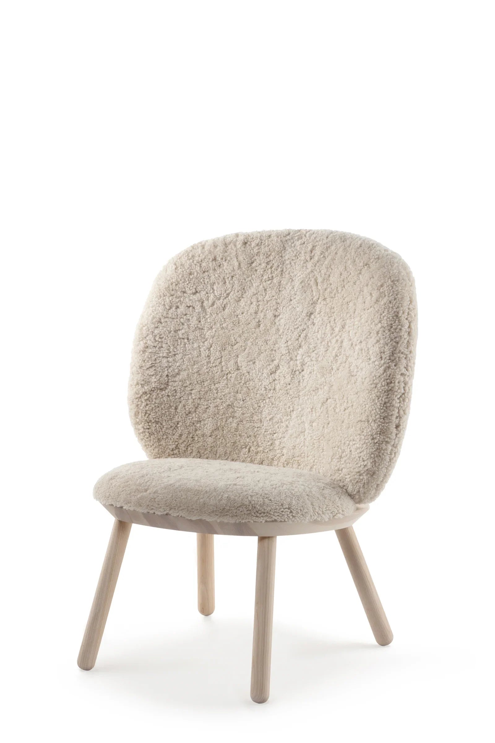 Norr11 lounge chair in cream shearling upholstery with light wood legs, premium modern design