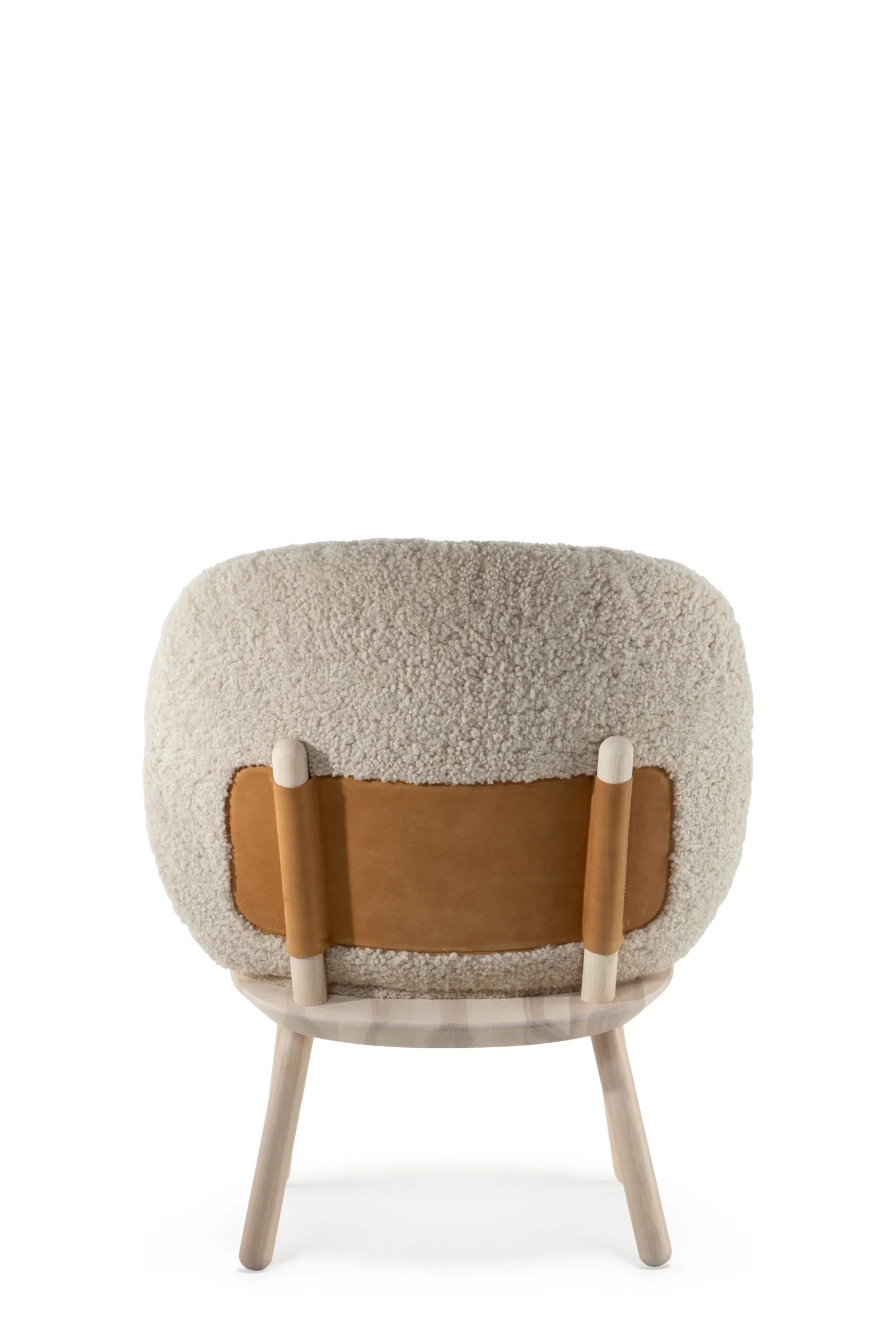 Norr11 lounge chair, sheepskin upholstery, natural wood frame, beige and tan premium finish