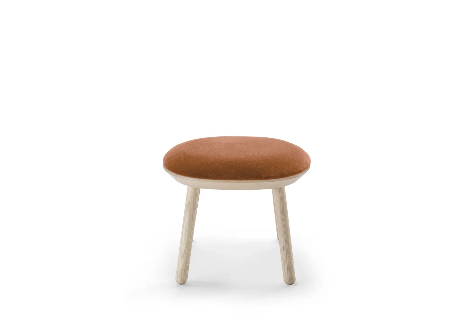 Nott Terra modern stool with light wood legs and rust-colored upholstered seat