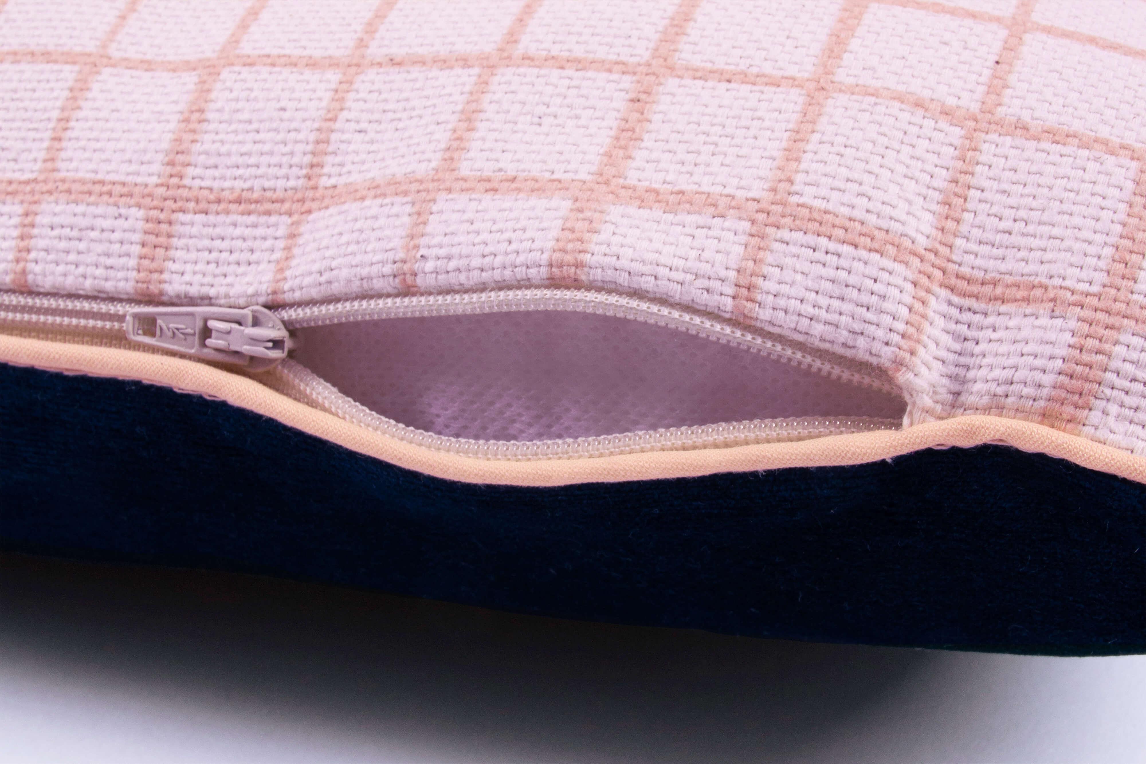 Nobodinoz two-sided rectangular cushion, cotton, night blue and pink grid, close-up view