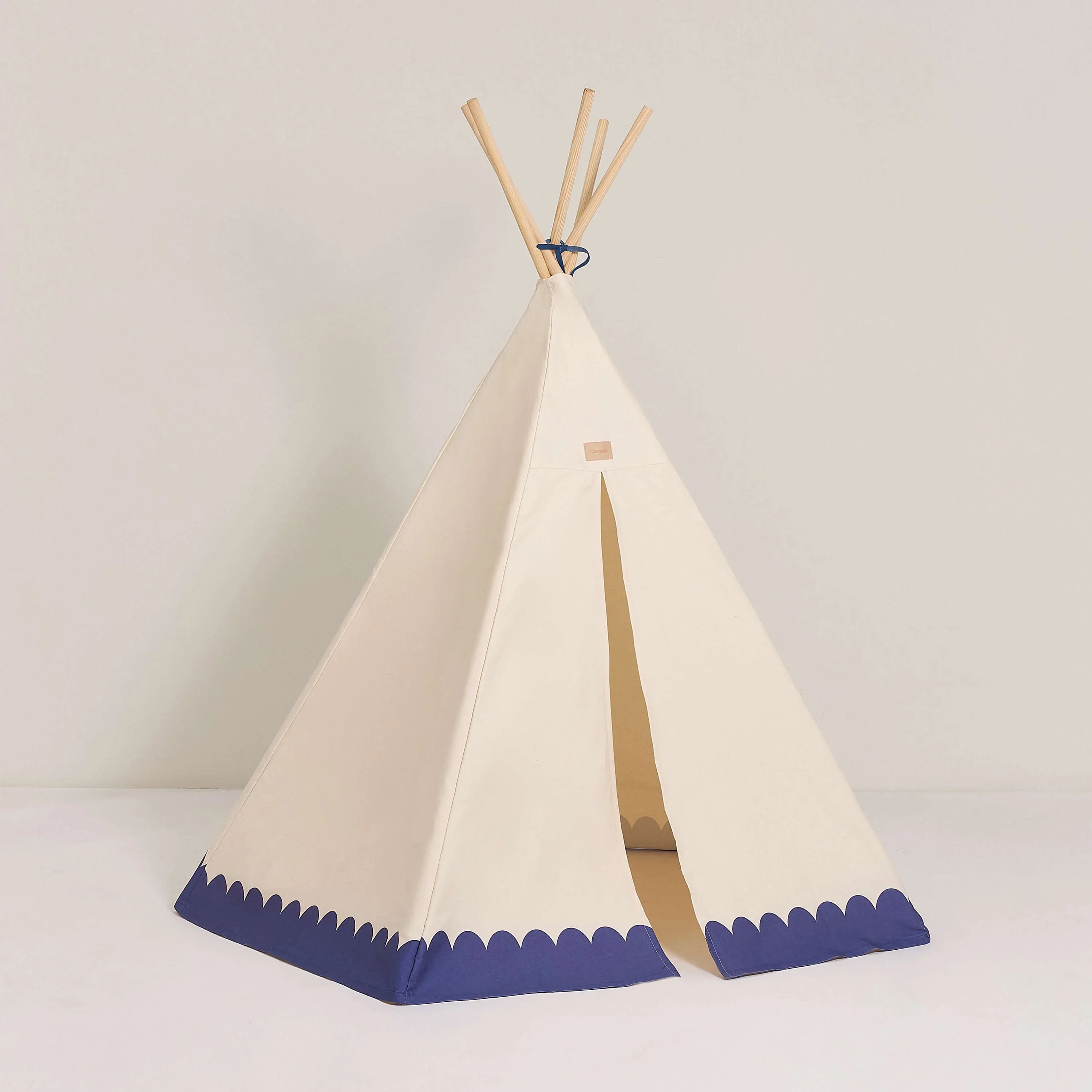 Nobodinoz Arizona kids teepee tent, organic cotton canvas, cream with blue scallop trim