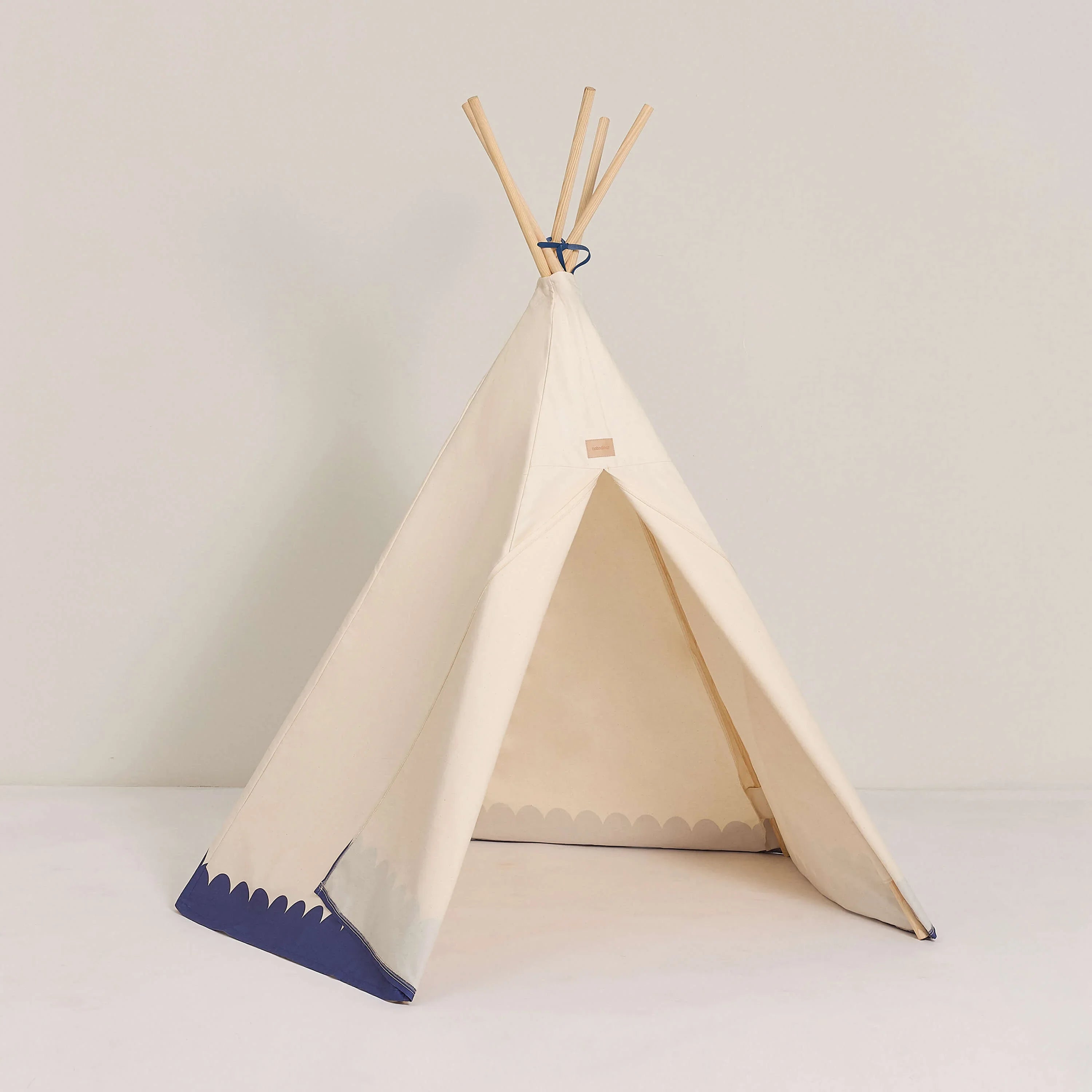 Nobodinoz Arizona teepee tent, organic cotton, cream and blue, wooden poles