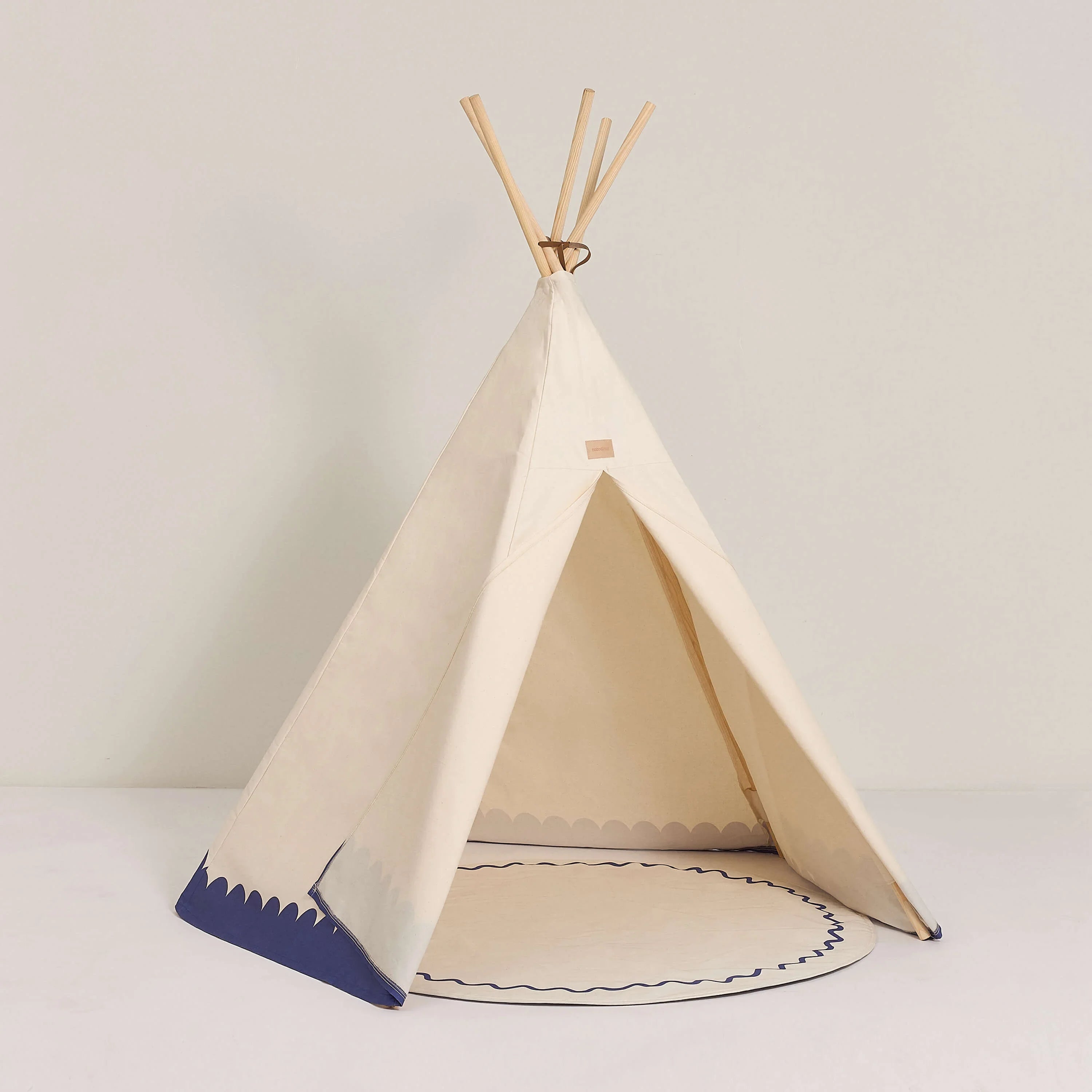 Nobodinoz Arizona teepee, premium cotton canvas, wood poles, cream and blue design