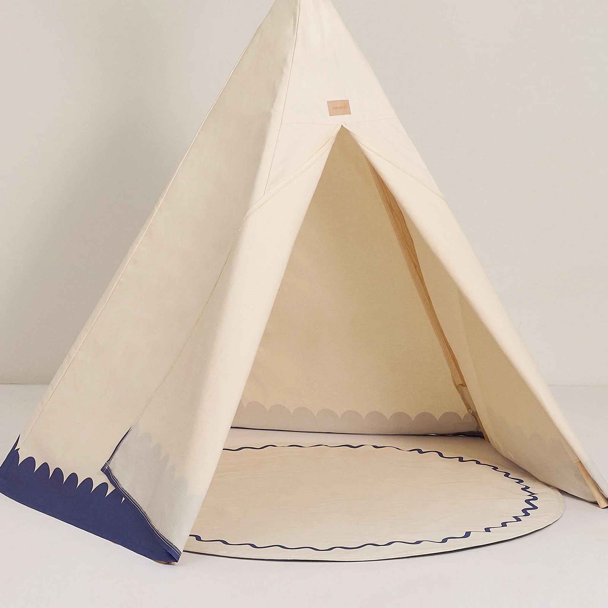 Nobodinoz Arizona teepee, organic cotton canvas, beige with blue trim, premium kids play tent
