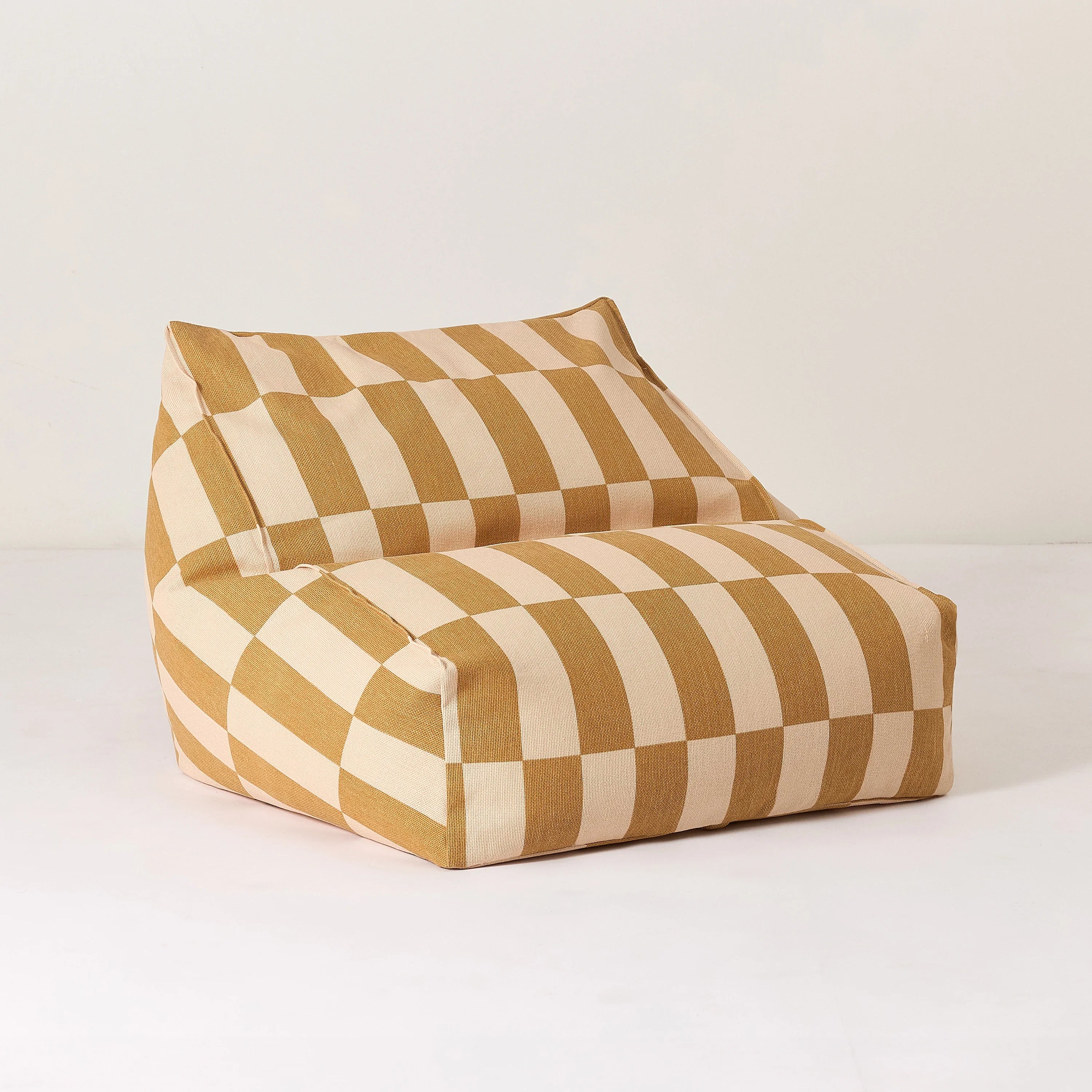 Nobodinoz Vibes armchair bean bag in mustard and sand cotton with bold check pattern